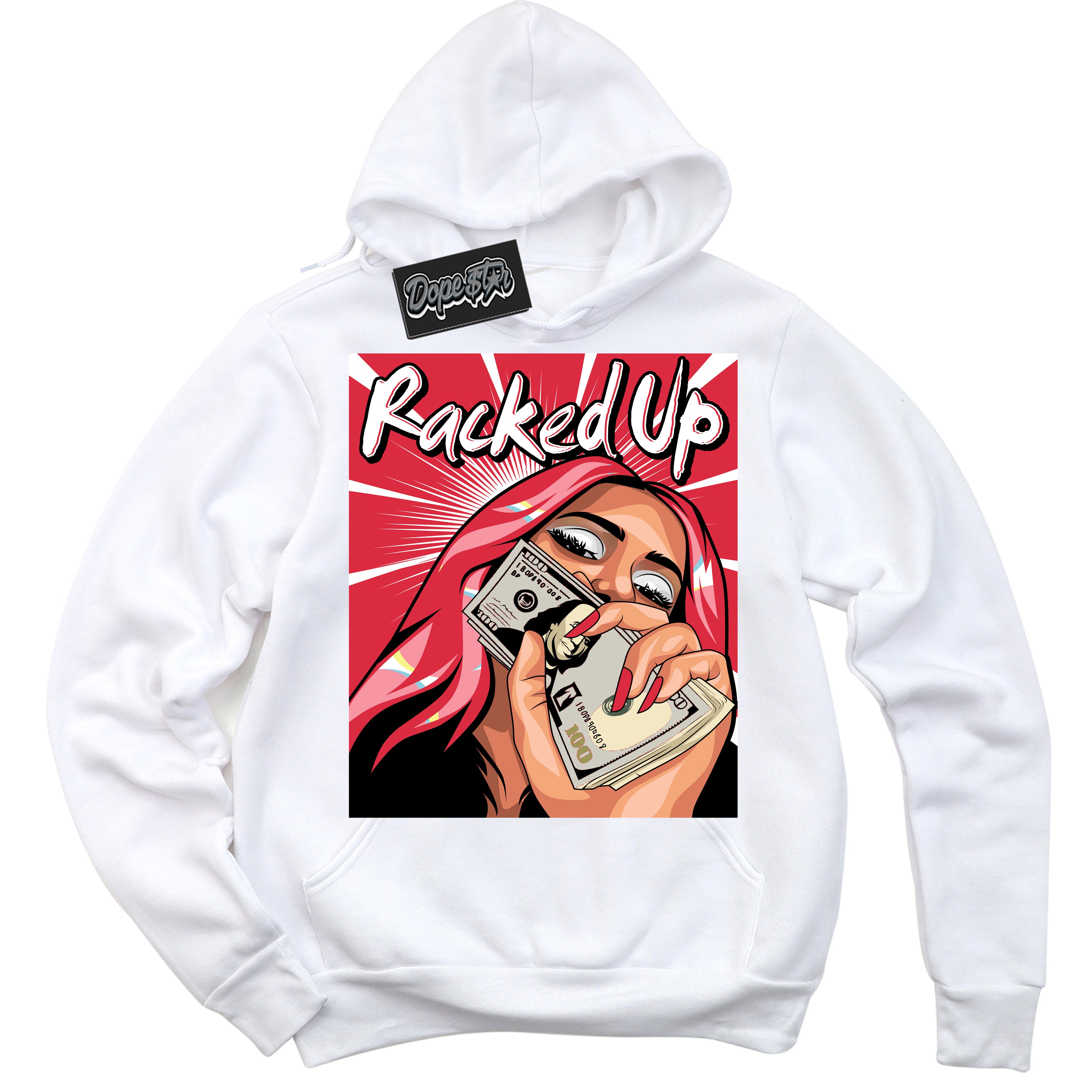 Cool White Graphic DopeStar Hoodie with “ Racked Up “ print, that perfectly matches Spider-Verse 1s sneakers