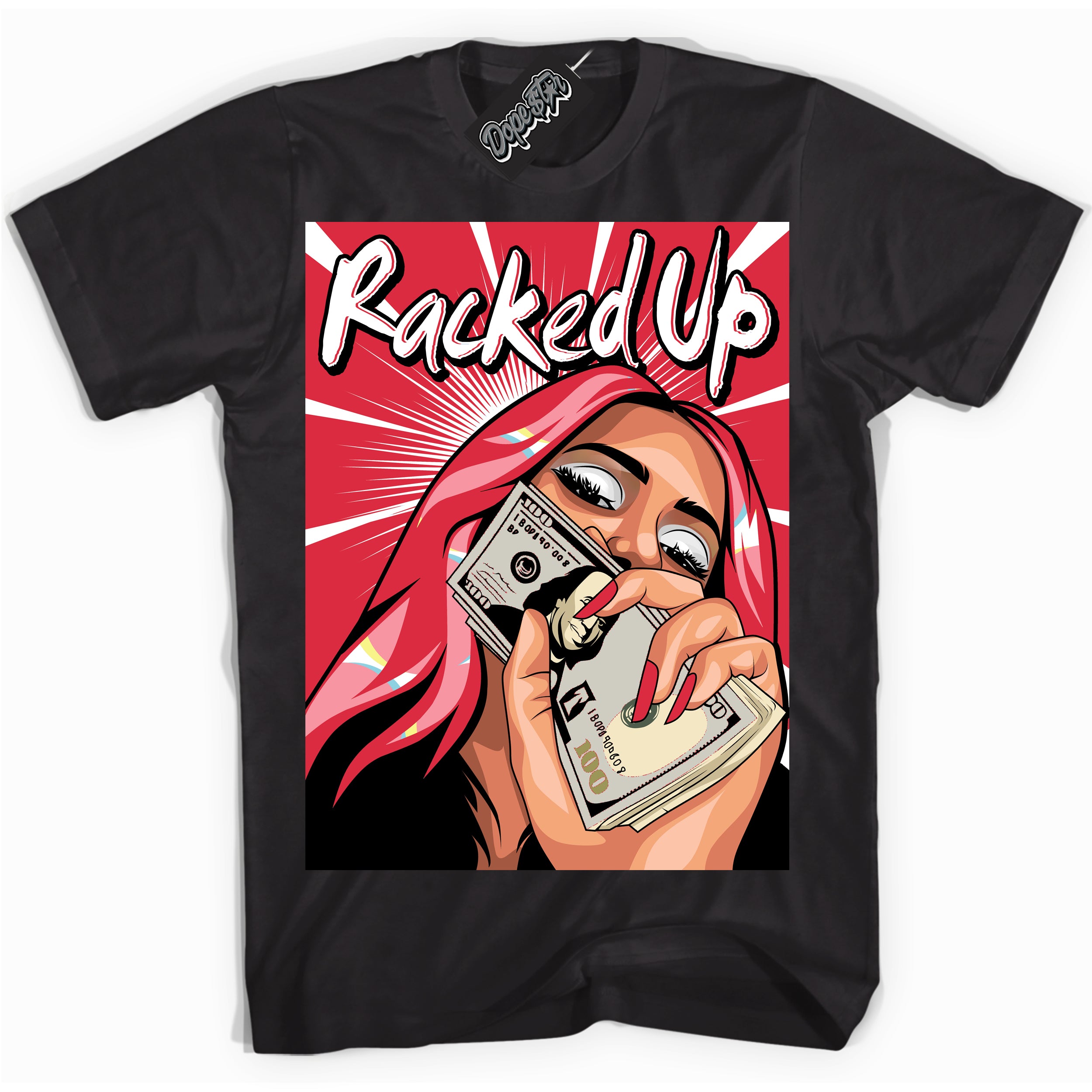 Cool Black graphic tee with “ Racked Up ” design, that perfectly matches Spider-Verse 1s sneakers 