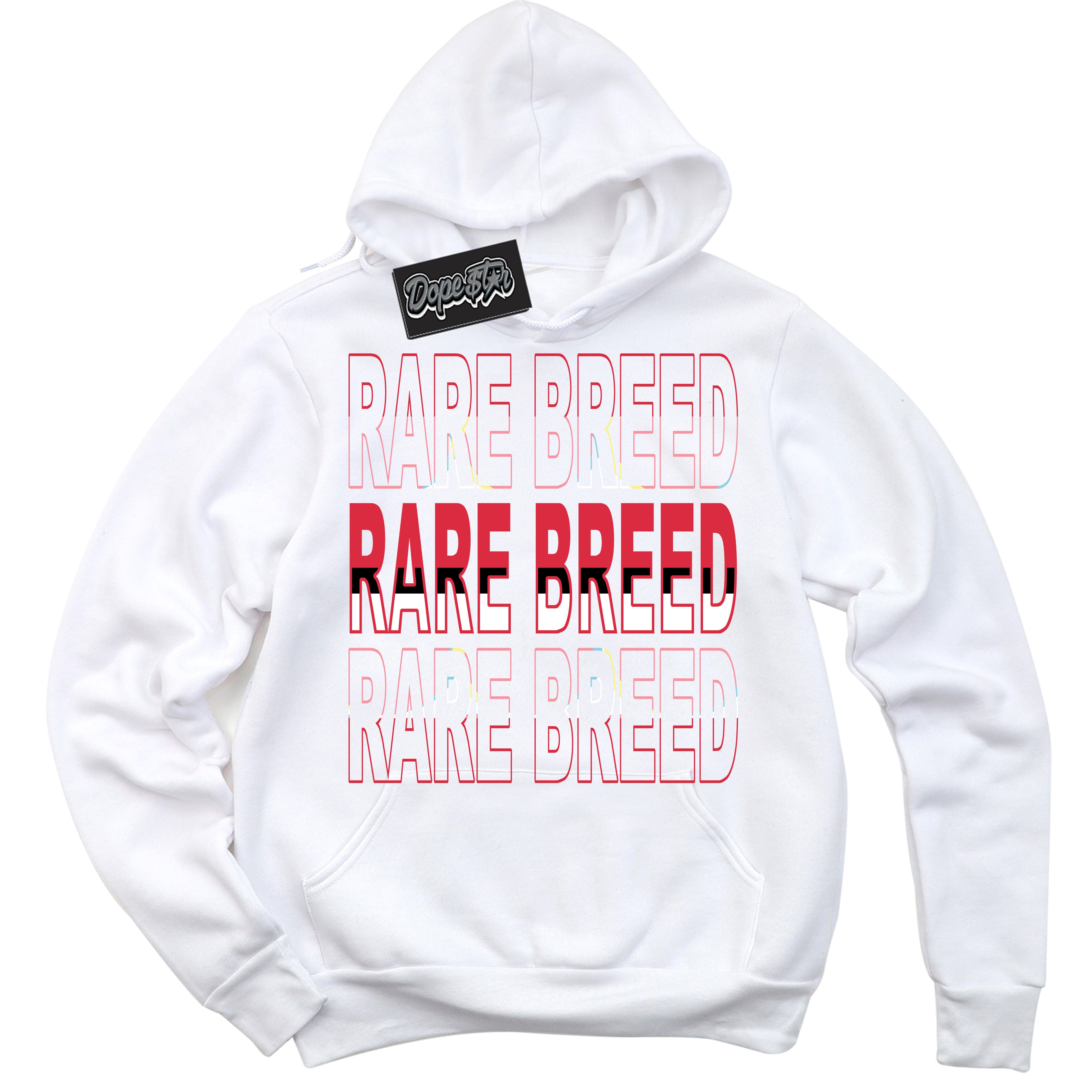 Cool White Graphic DopeStar Hoodie with “ Rare Breed “ print, that perfectly matches Spider-Verse 1s sneakers