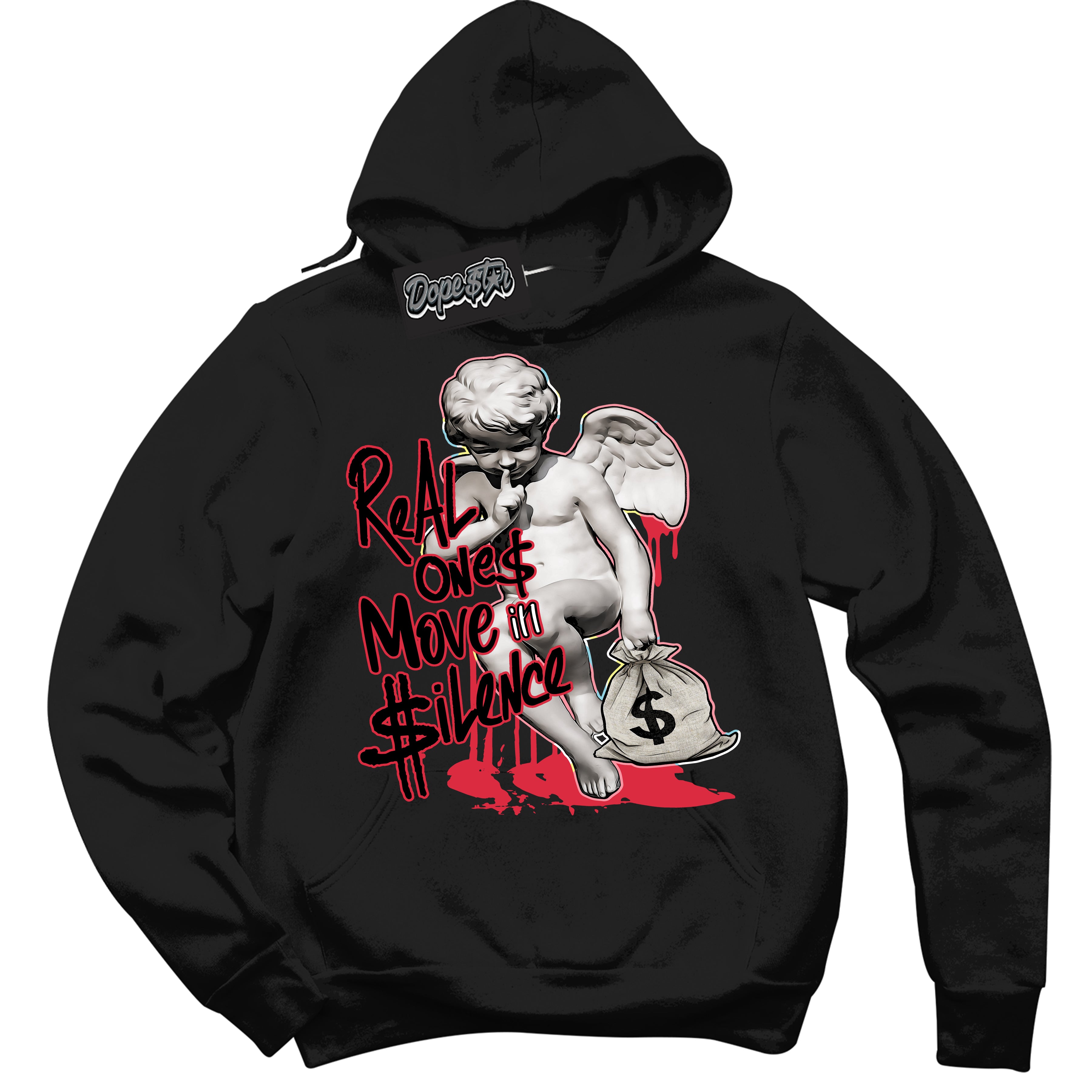 Cool Black Graphic DopeStar Hoodie with “ Real Ones Cherub “ print, that perfectly matches Spider-Verse 1s sneakers