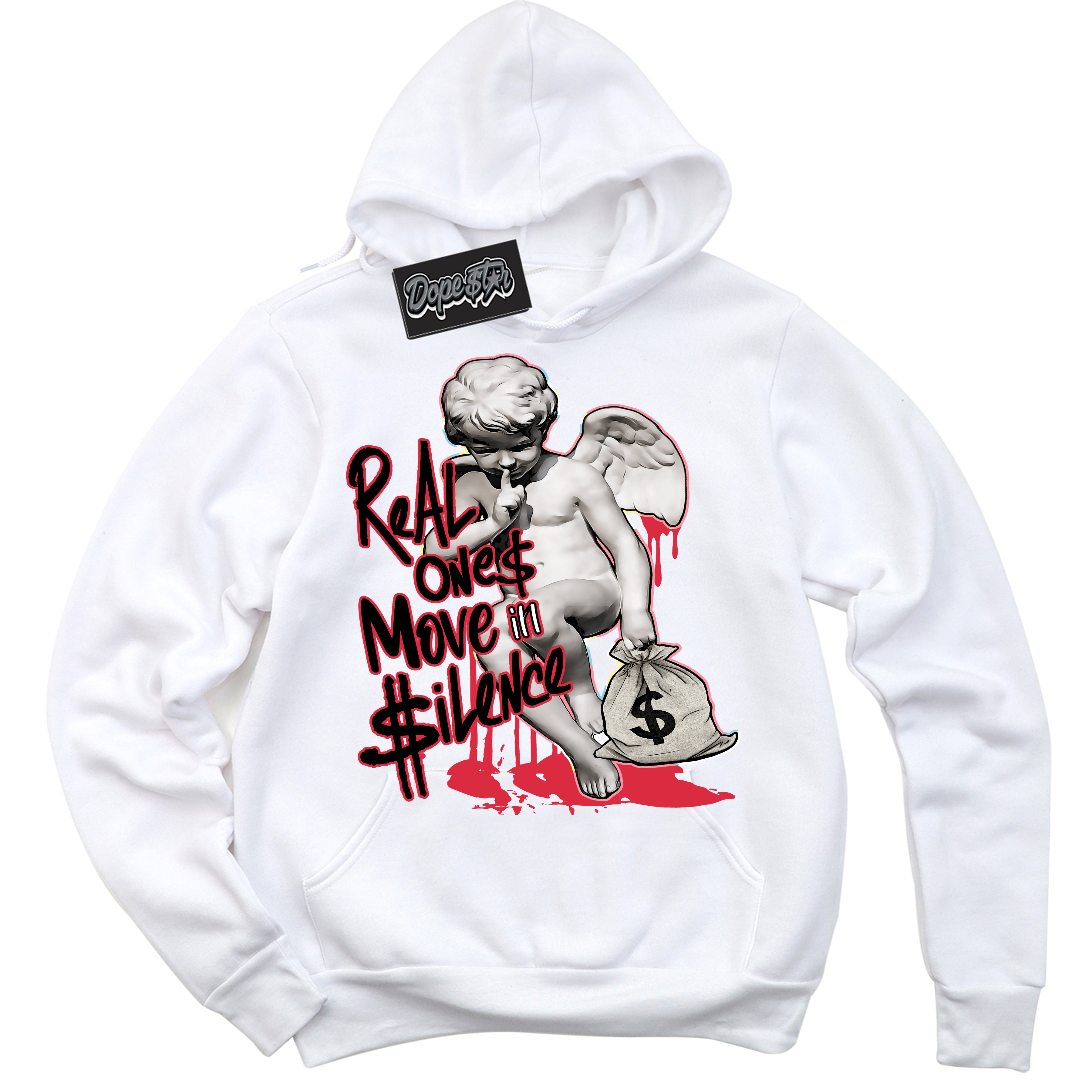 Cool White Graphic DopeStar Hoodie with “ Real Ones Cherub “ print, that perfectly matches Spider-Verse 1s sneakers