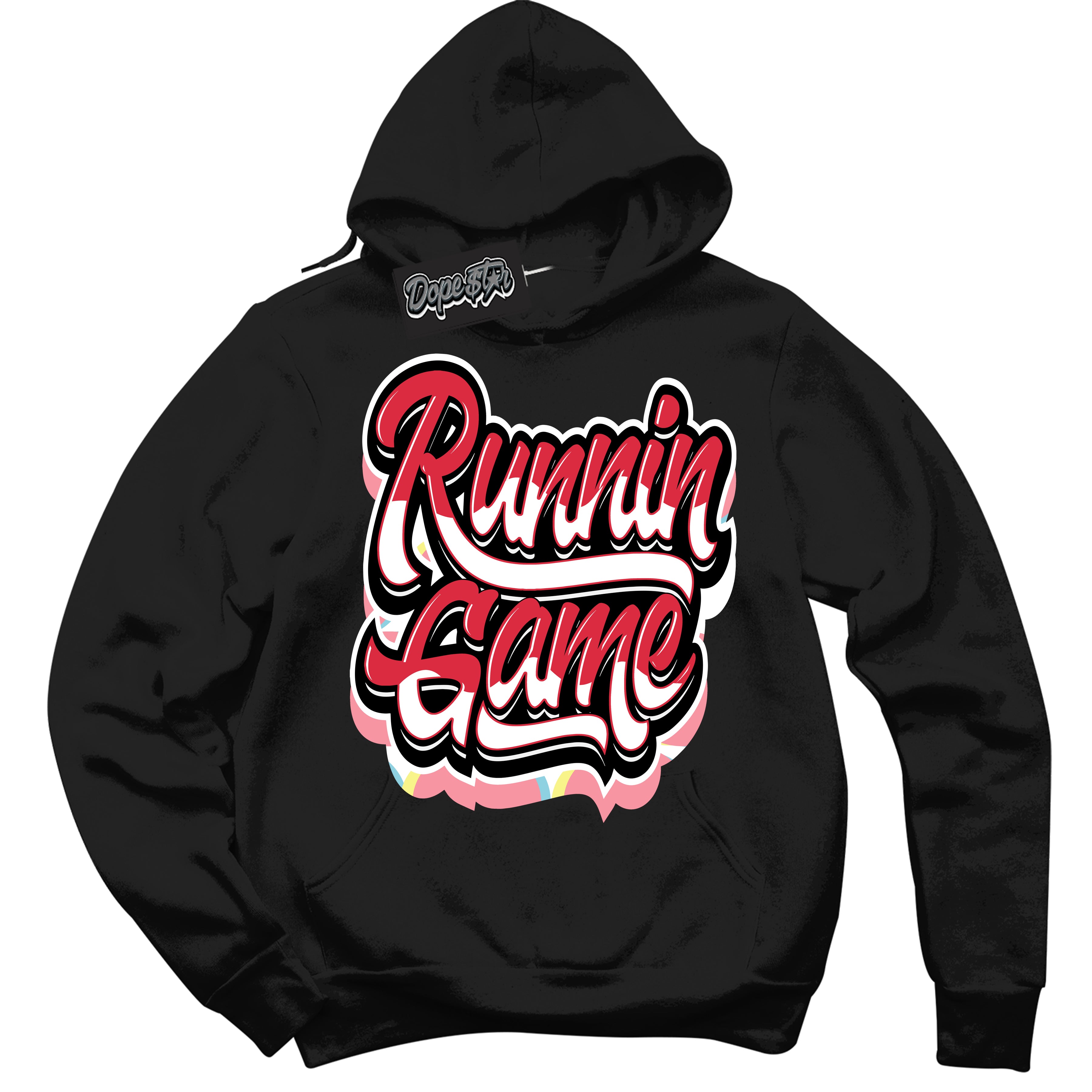 Cool Black Graphic DopeStar Hoodie with “ Running Game “ print, that perfectly matches Spider-Verse 1s sneakers