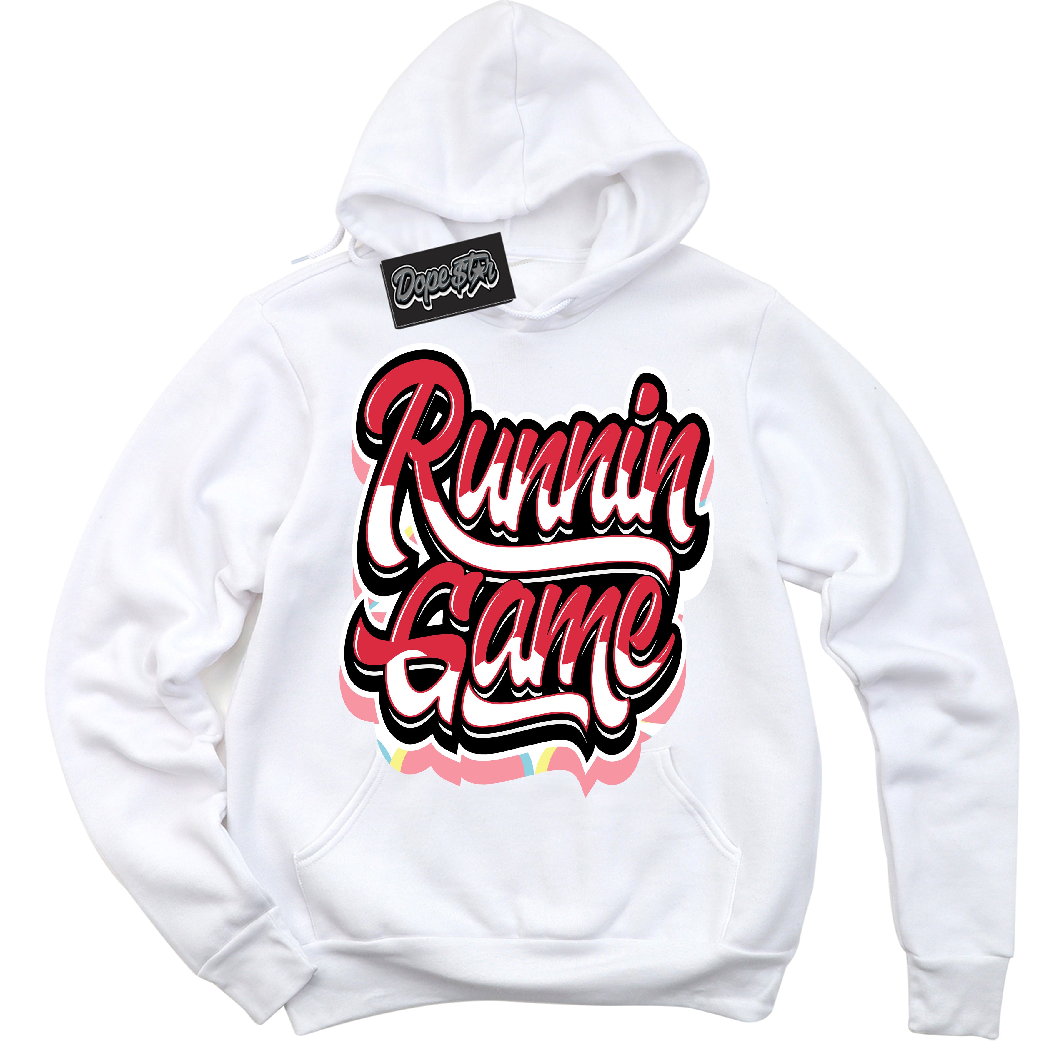 Cool White Graphic DopeStar Hoodie with “ Running Game “ print, that perfectly matches Spider-Verse 1s sneakers