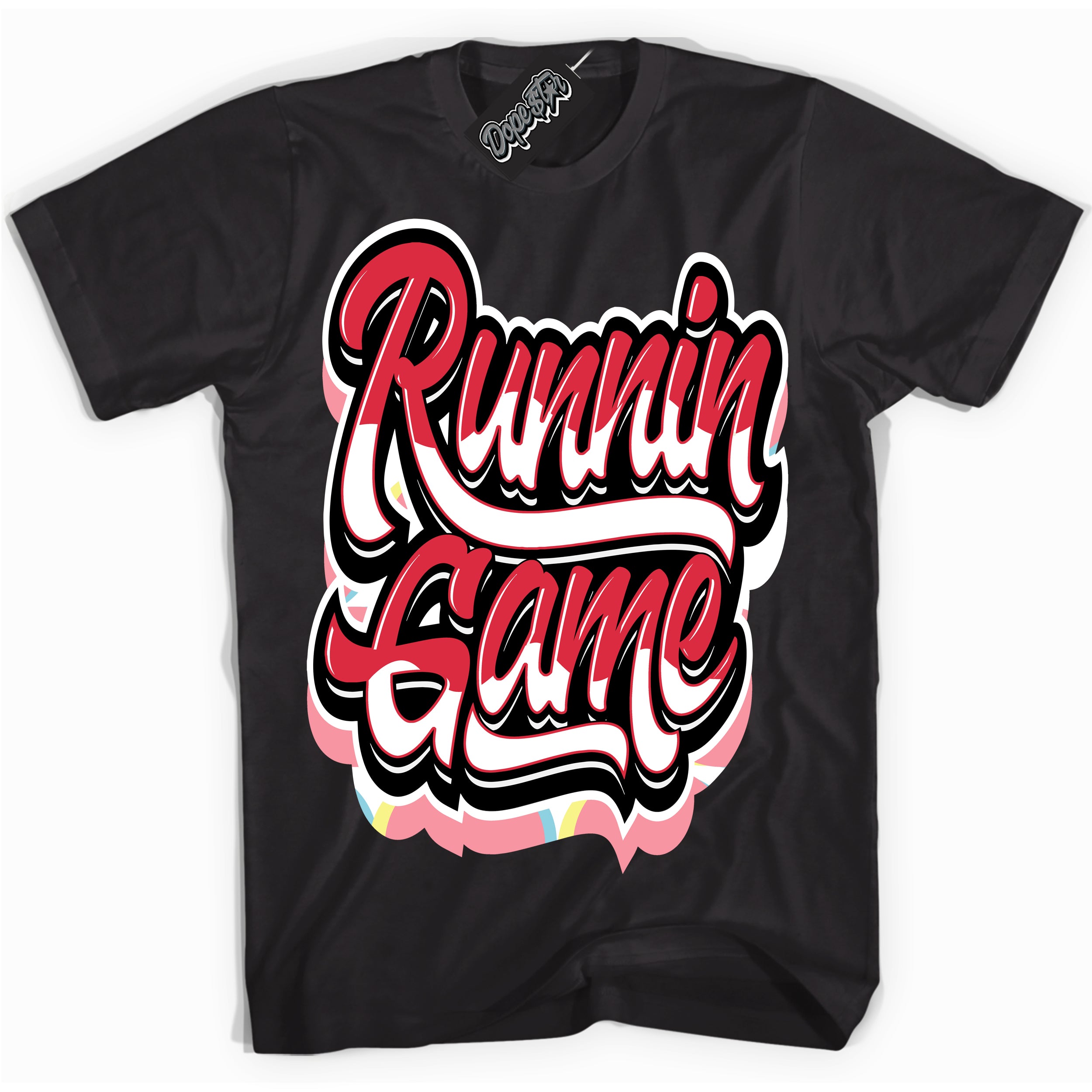 Cool Black graphic tee with “ Running Game ” design, that perfectly matches Spider-Verse 1s sneakers 