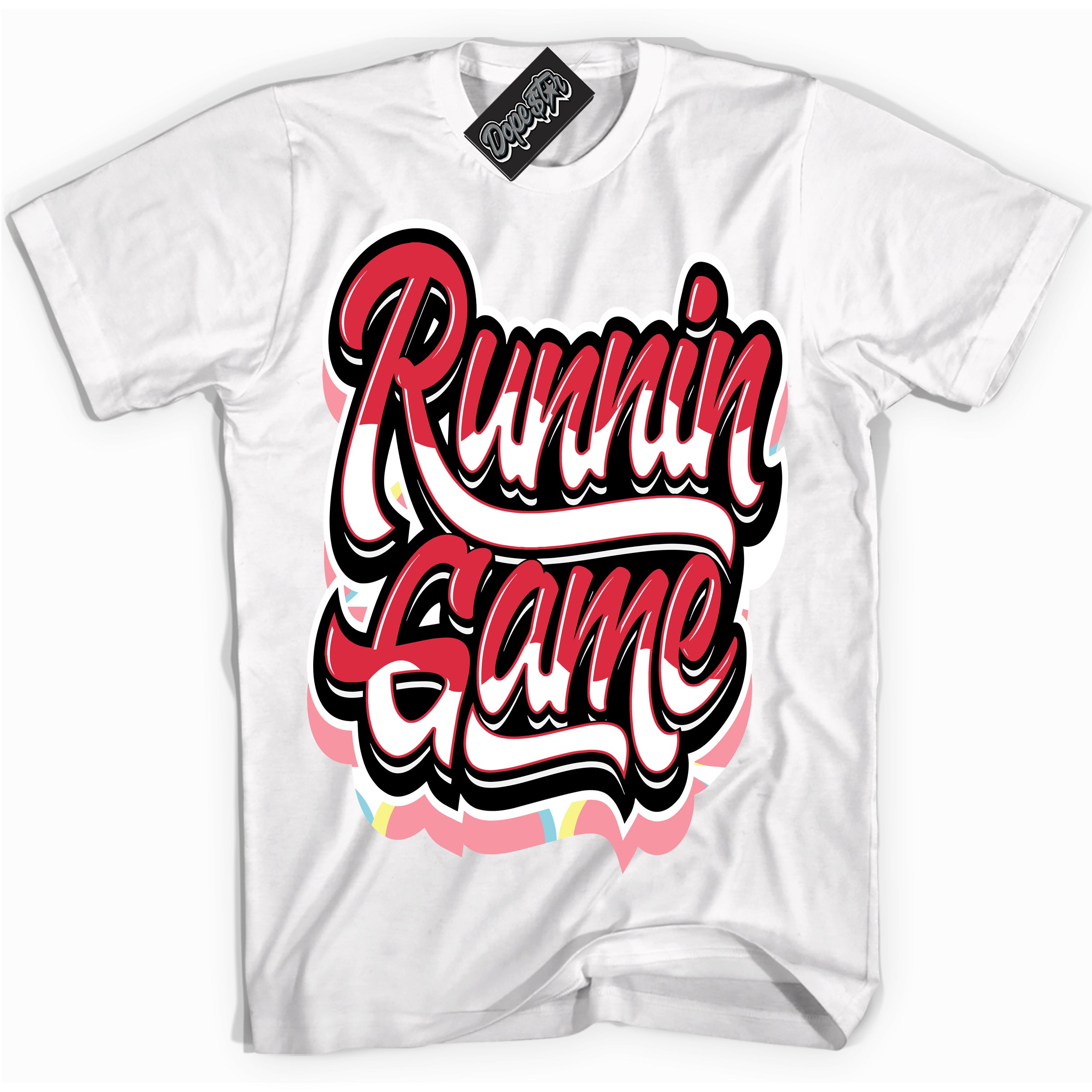 Cool White graphic tee with “ Running Game ” design, that perfectly matches Spider-Verse 1s sneakers 