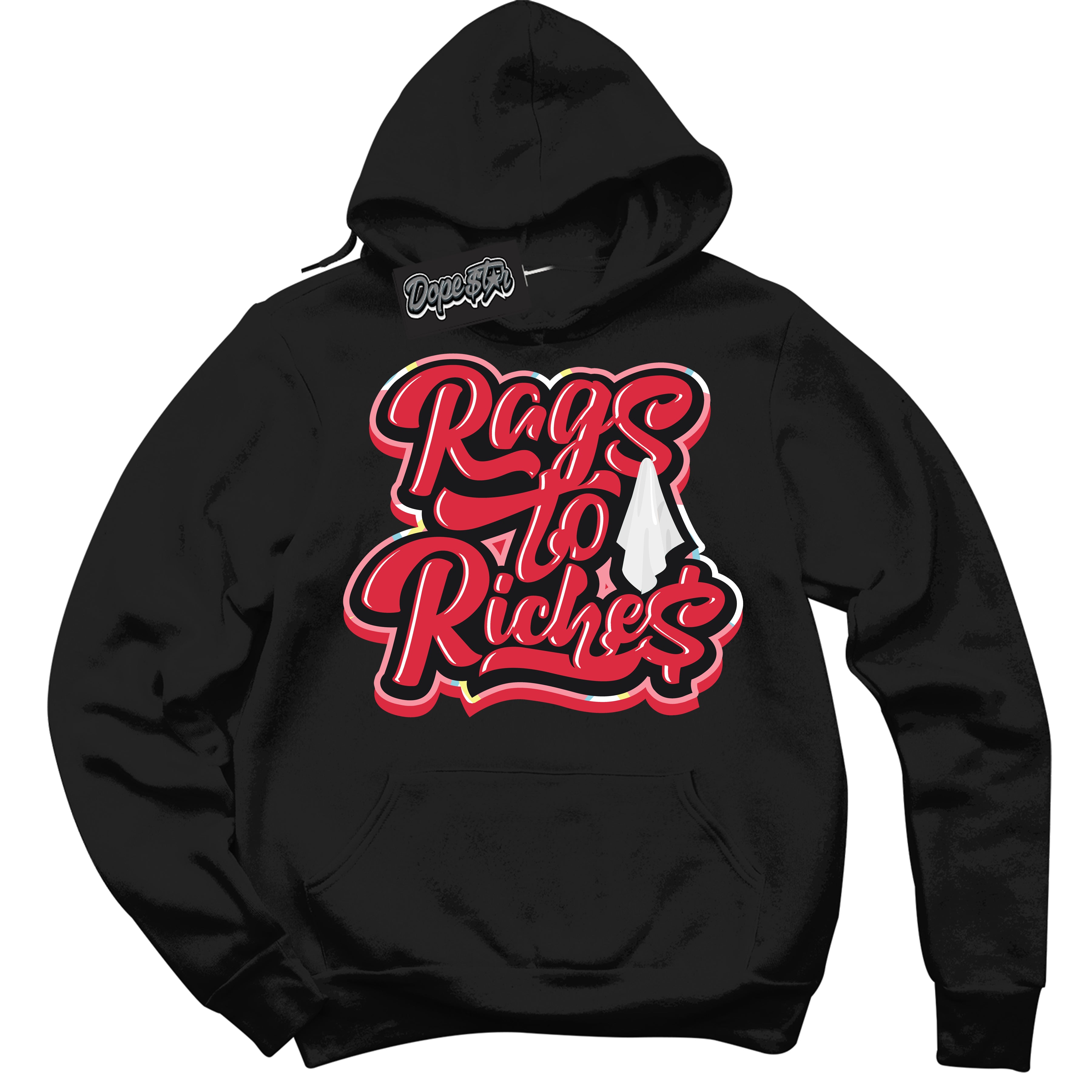 Cool Black Graphic DopeStar Hoodie with “ Rags To Riches “ print, that perfectly matches Spider-Verse 1s sneakers