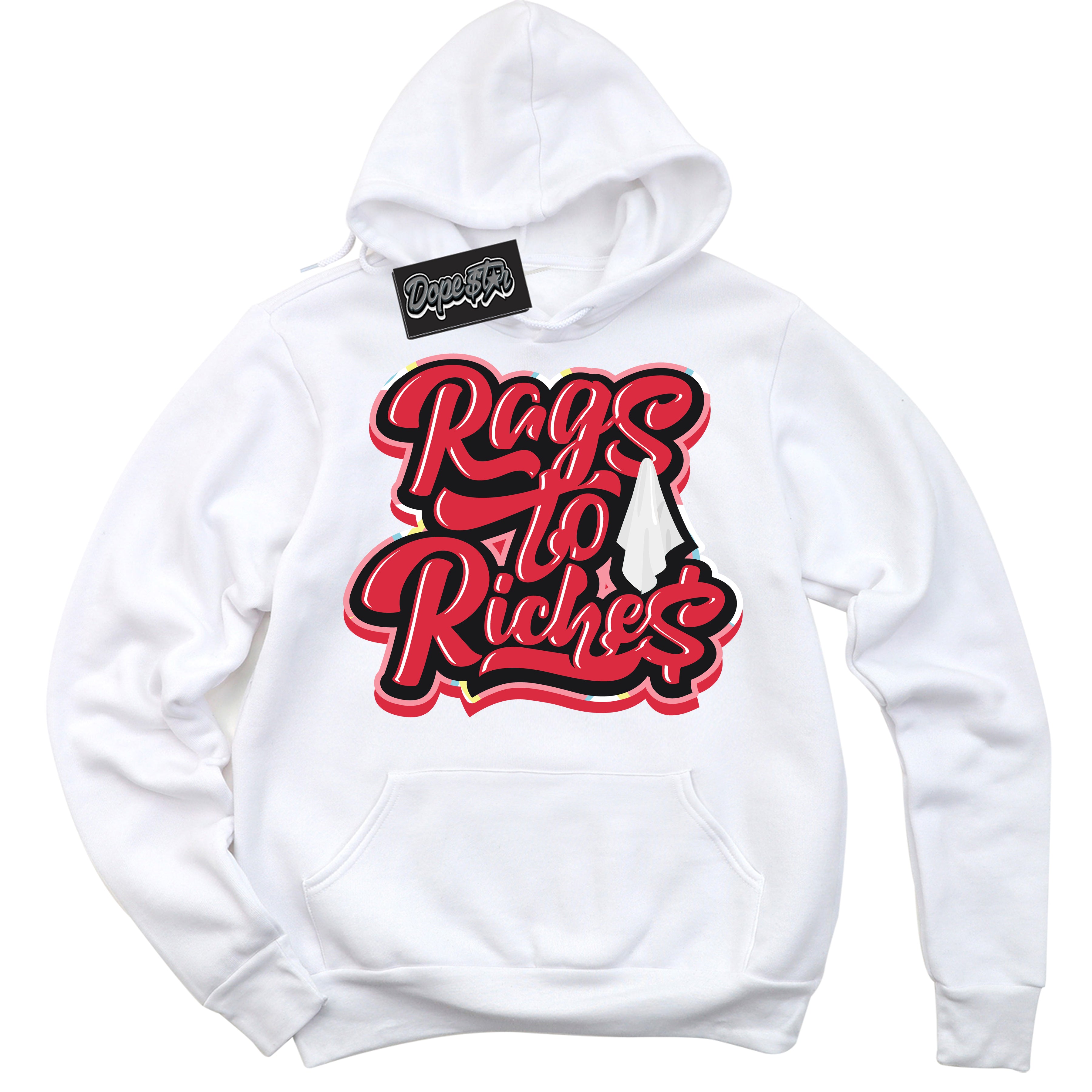 Cool White Graphic DopeStar Hoodie with “ Rags To Riches “ print, that perfectly matches Spider-Verse 1s sneakers