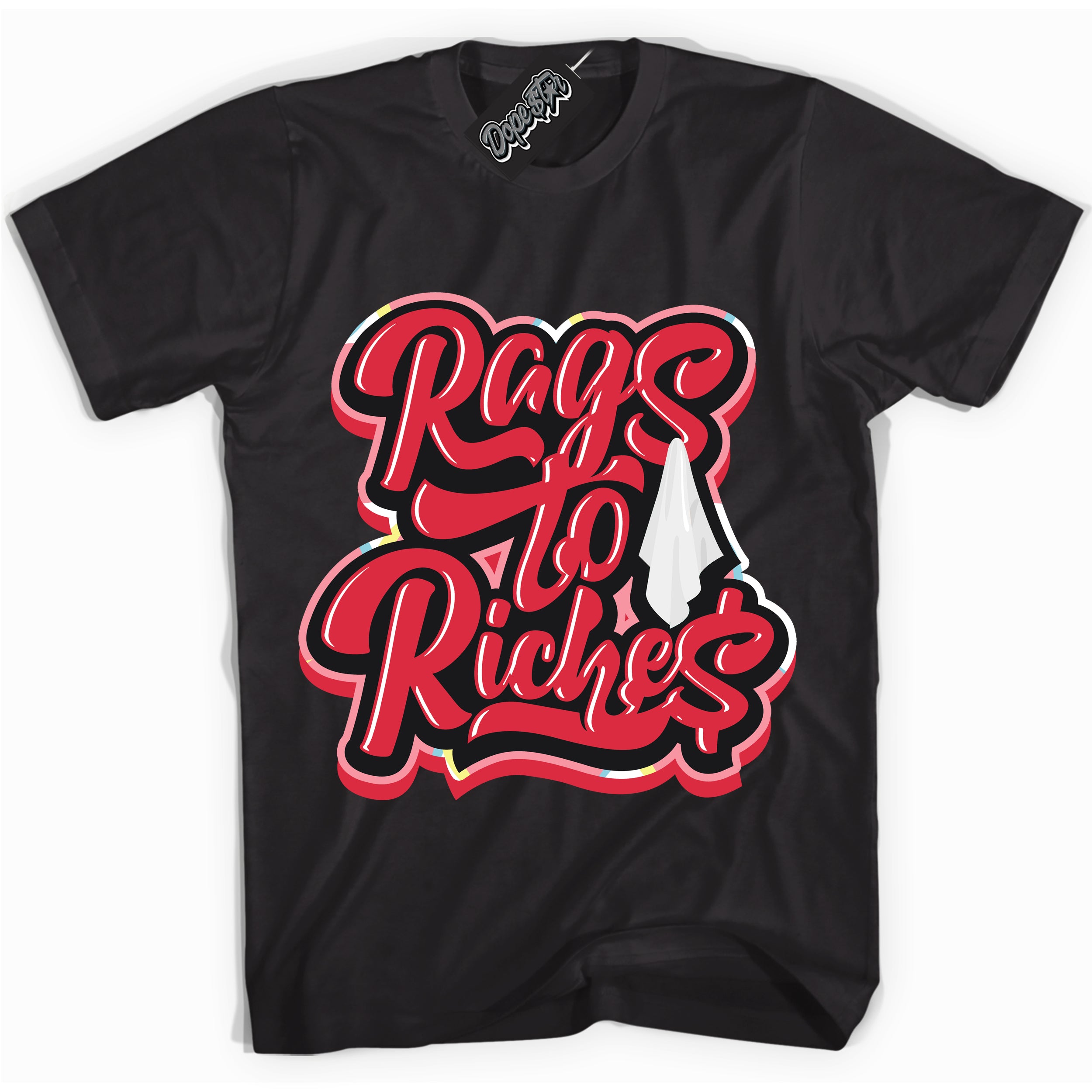 Cool Black graphic tee with “ Rags To Riches ” design, that perfectly matches Spider-Verse 1s sneakers 