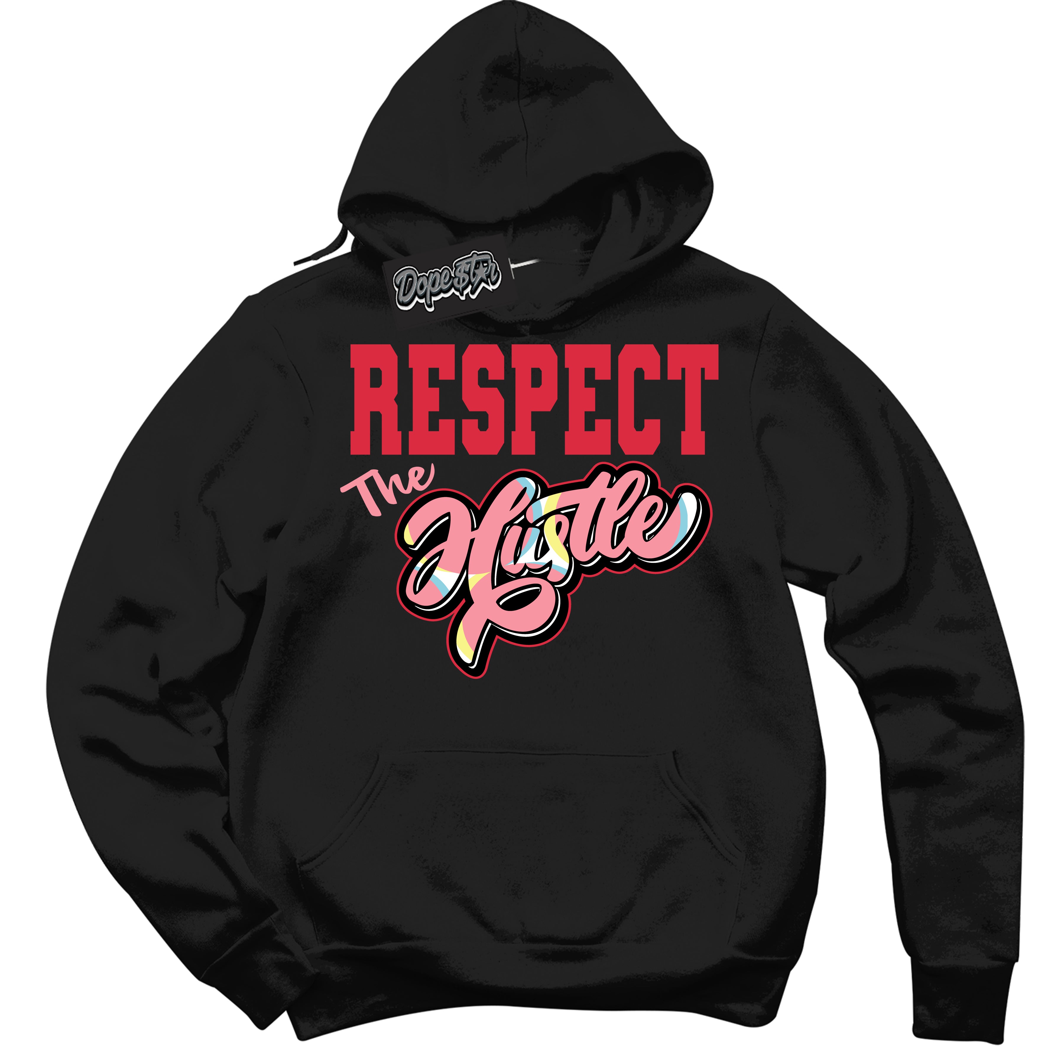 Cool Black Graphic DopeStar Hoodie with “ Respect The Hustle “ print, that perfectly matches Spider-Verse 1s sneakers