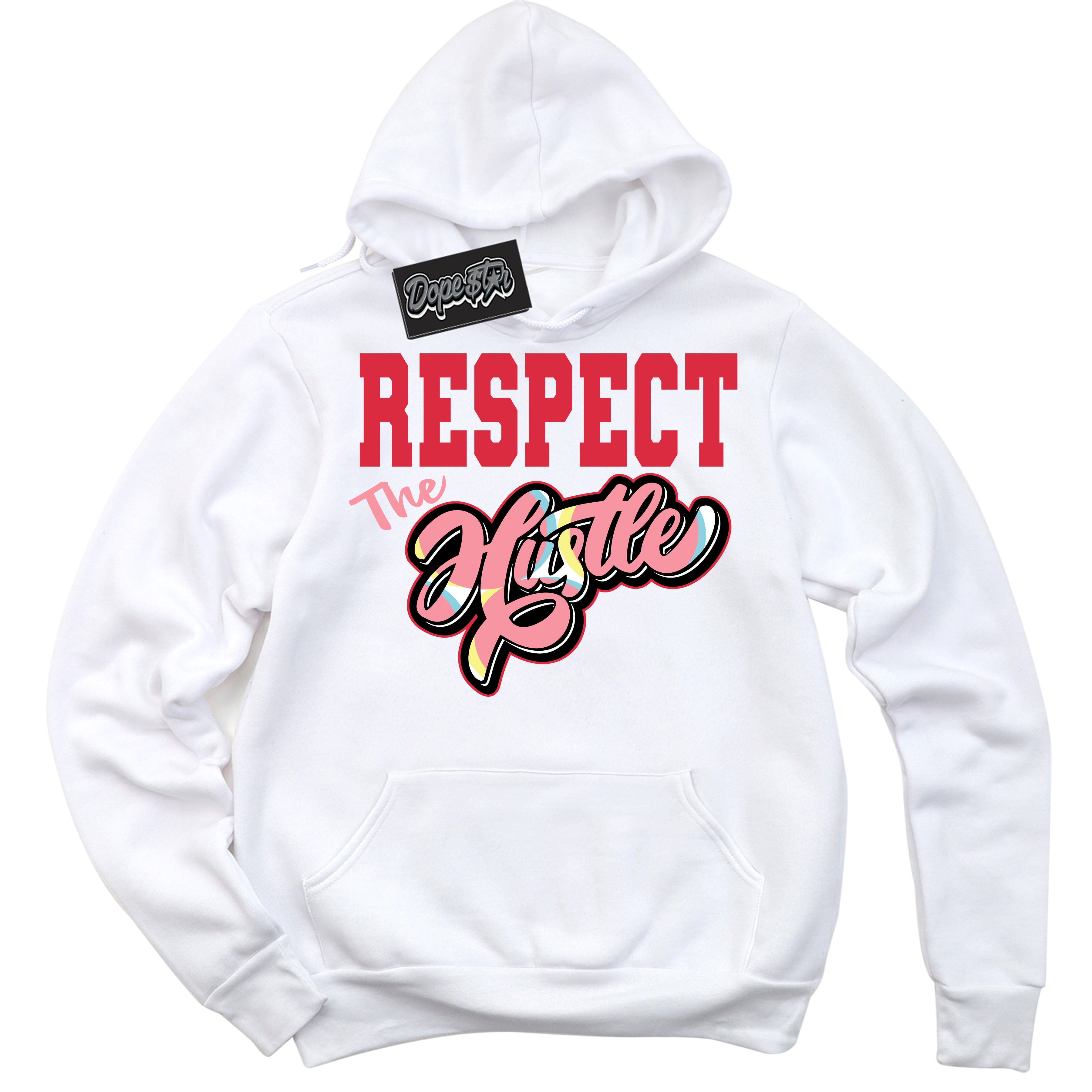 Cool White Graphic DopeStar Hoodie with “ Respect The Hustle “ print, that perfectly matches Spider-Verse 1s sneakers