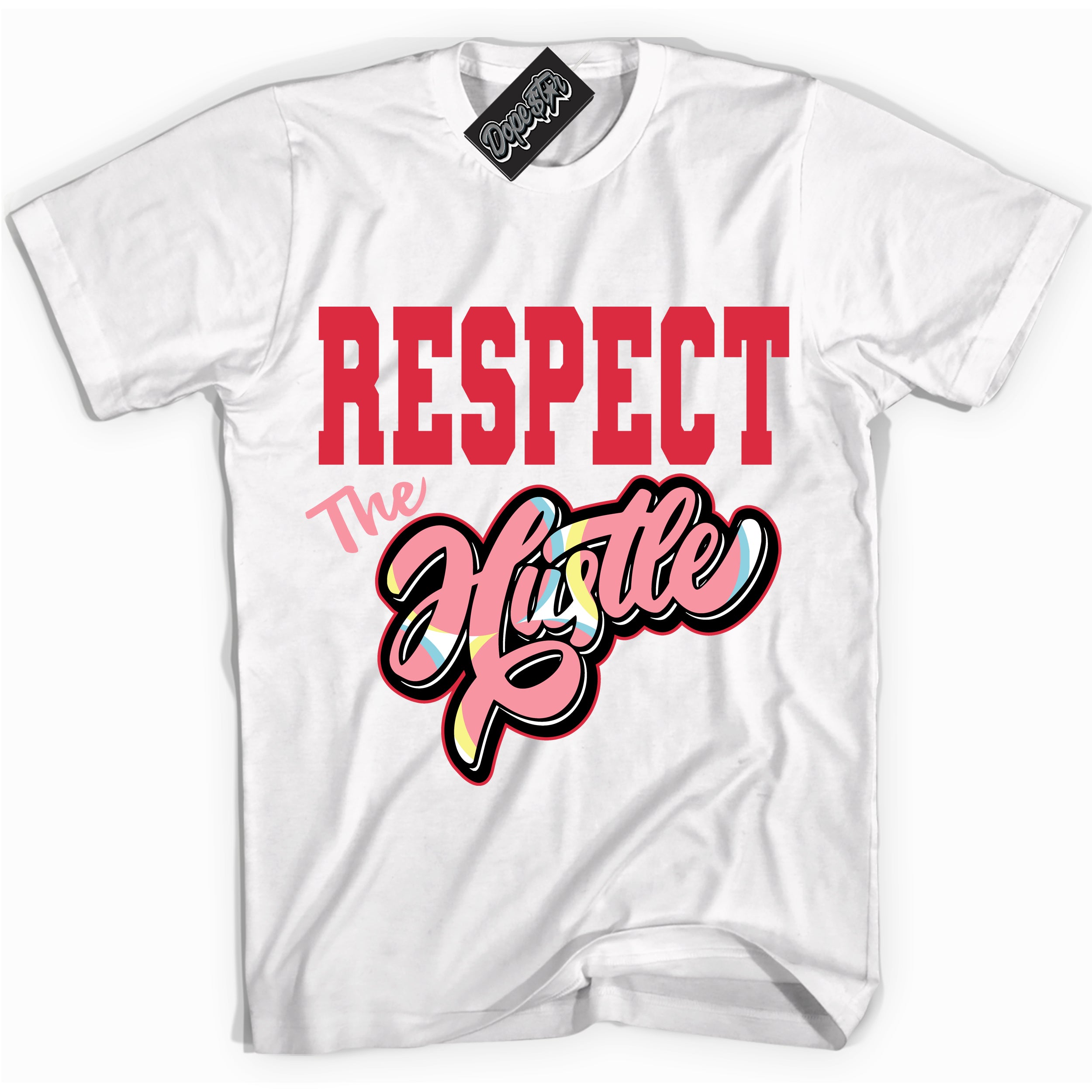 Cool White graphic tee with “ Respect The Hustle ” design, that perfectly matches Spider-Verse 1s sneakers 