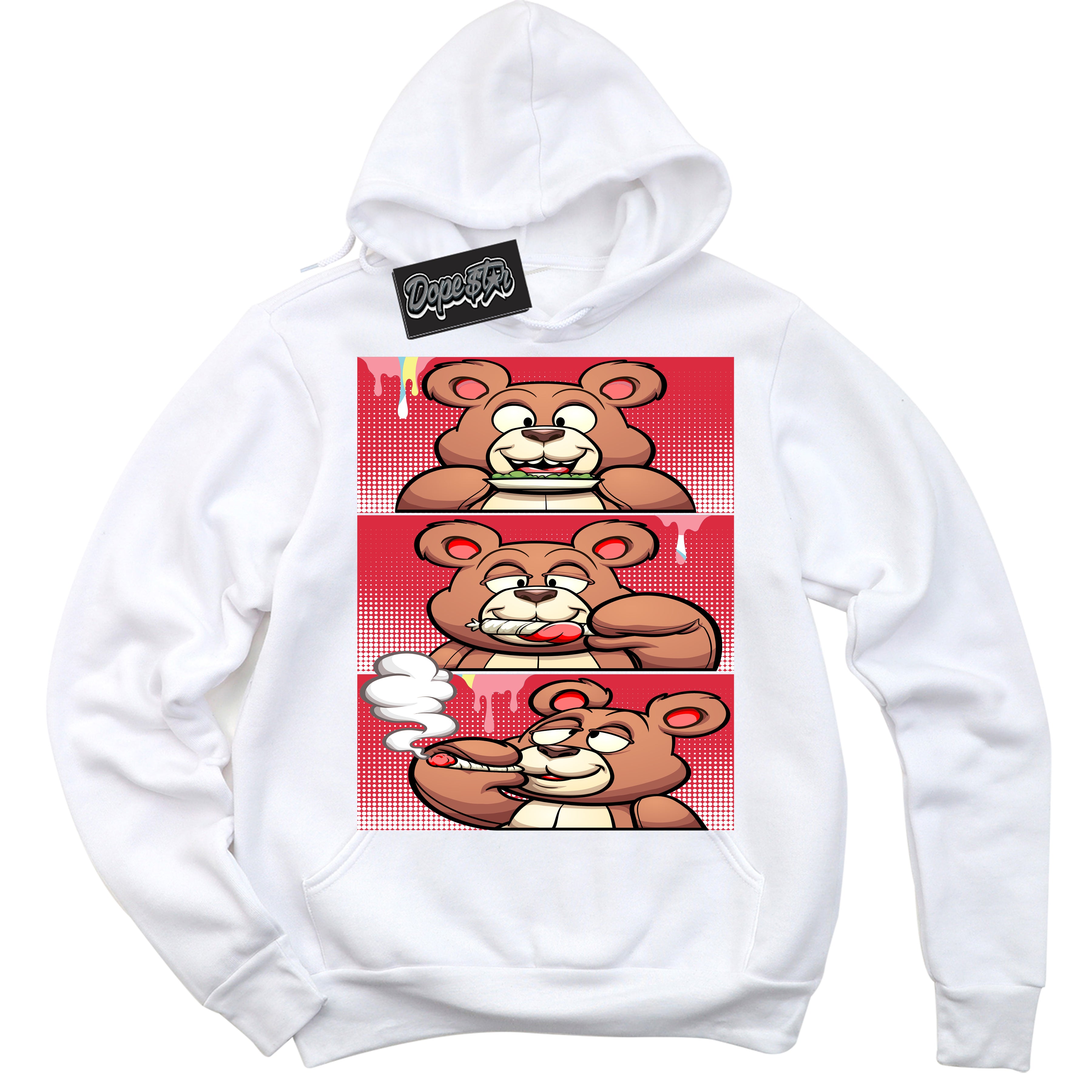 Cool White Graphic DopeStar Hoodie with “ Roll It Lick It Smoke It Bear “ print, that perfectly matches Spider-Verse 1s sneakers