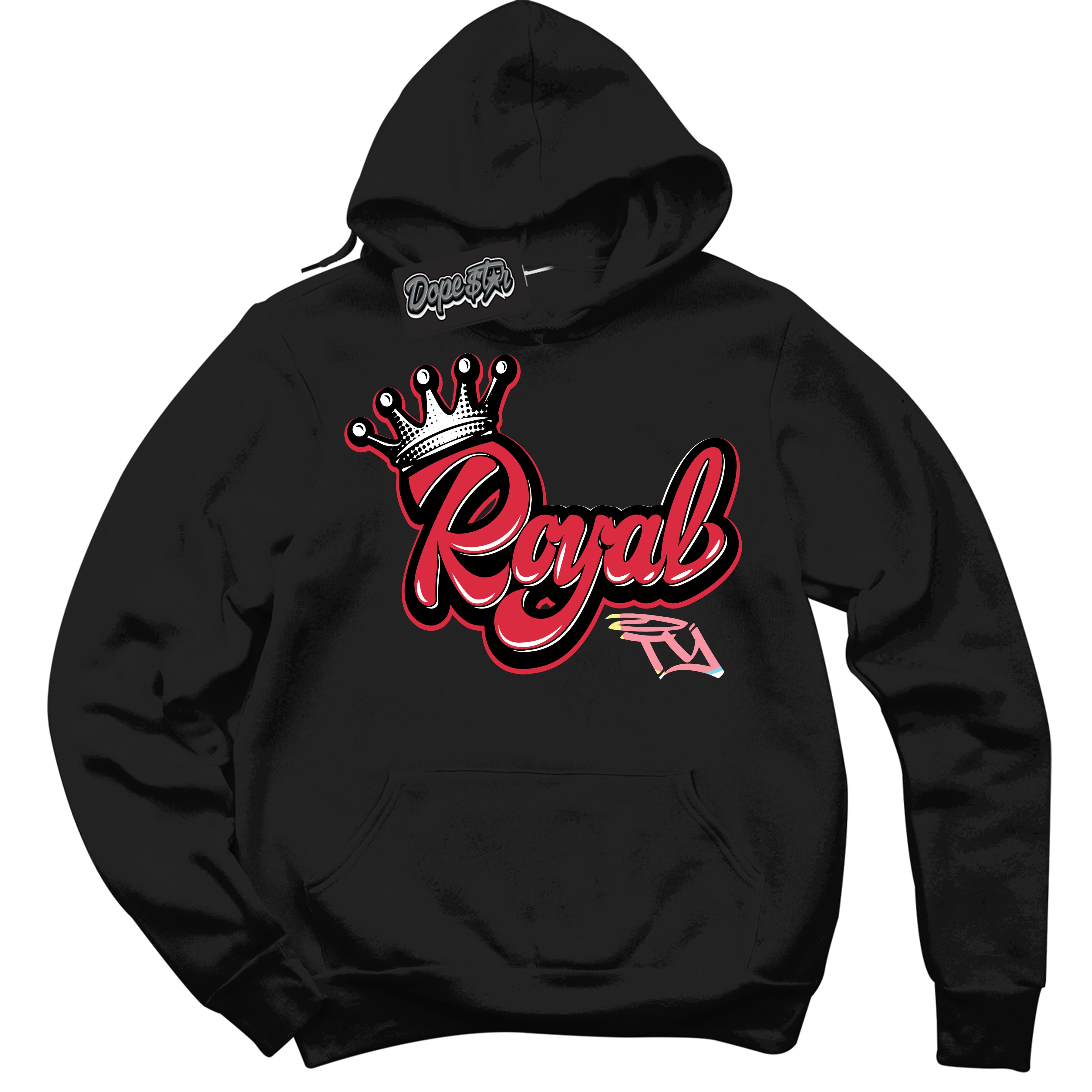 Cool Black Graphic DopeStar Hoodie with “ Royalty “ print, that perfectly matches Spider-Verse 1s sneakers