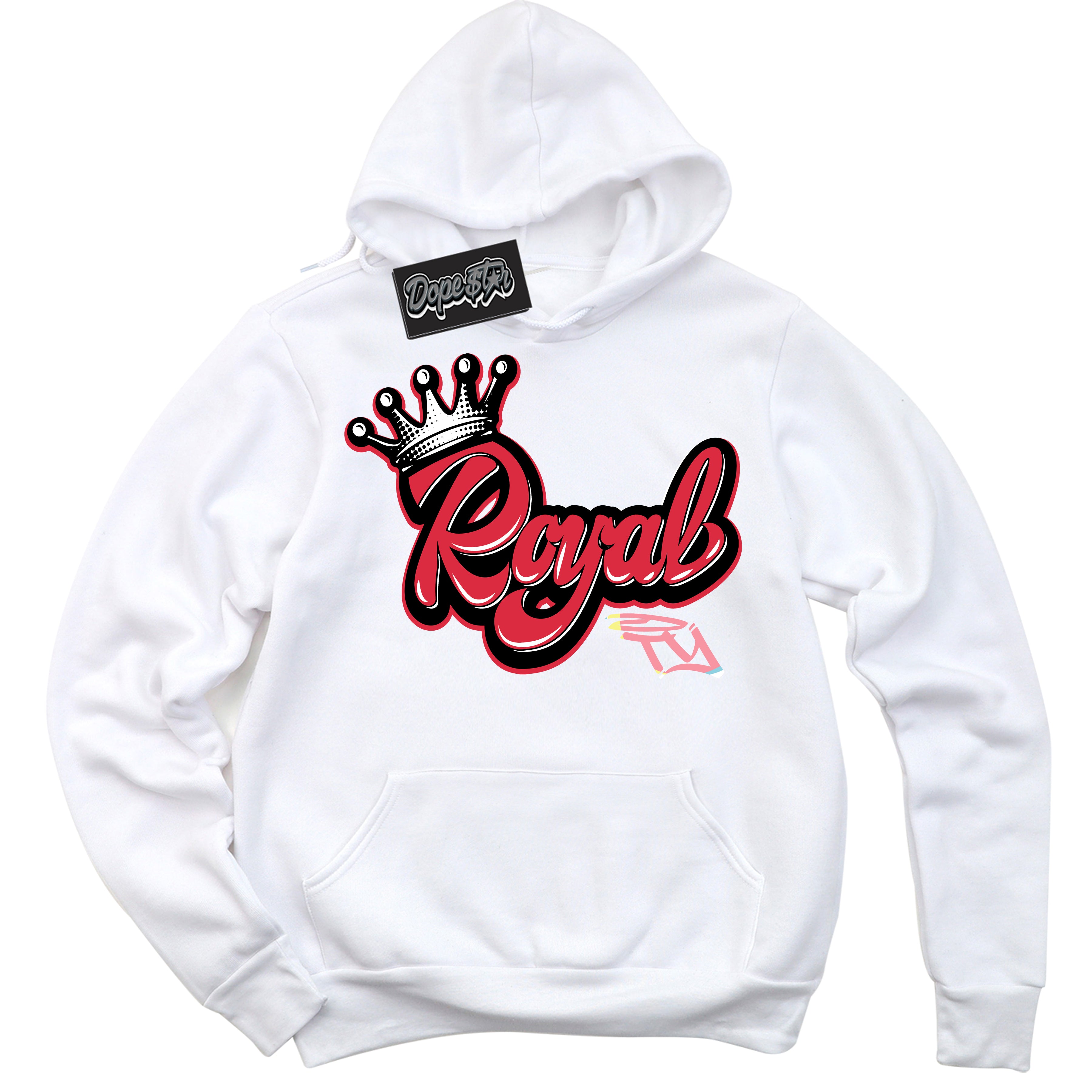Cool White Graphic DopeStar Hoodie with “ Royalty “ print, that perfectly matches Spider-Verse 1s sneakers