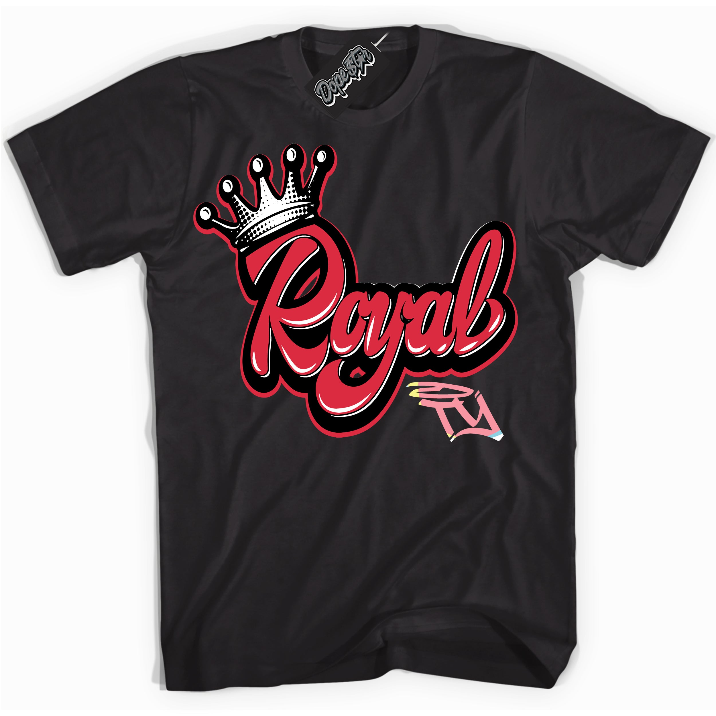 Cool Black graphic tee with “ Royalty ” design, that perfectly matches Spider-Verse 1s sneakers 