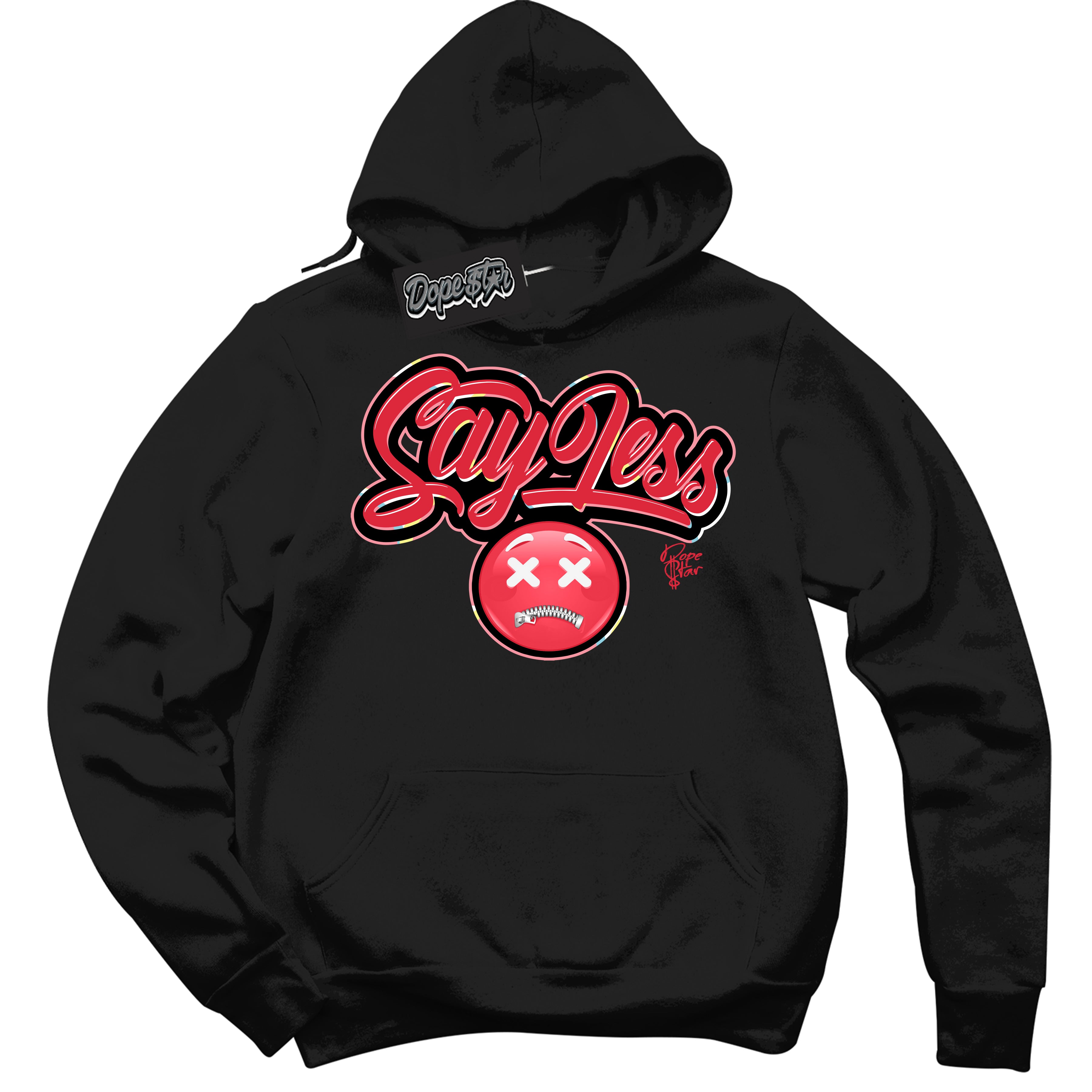 Cool Black Graphic DopeStar Hoodie with “ Say Less “ print, that perfectly matches Spider-Verse 1s sneakers