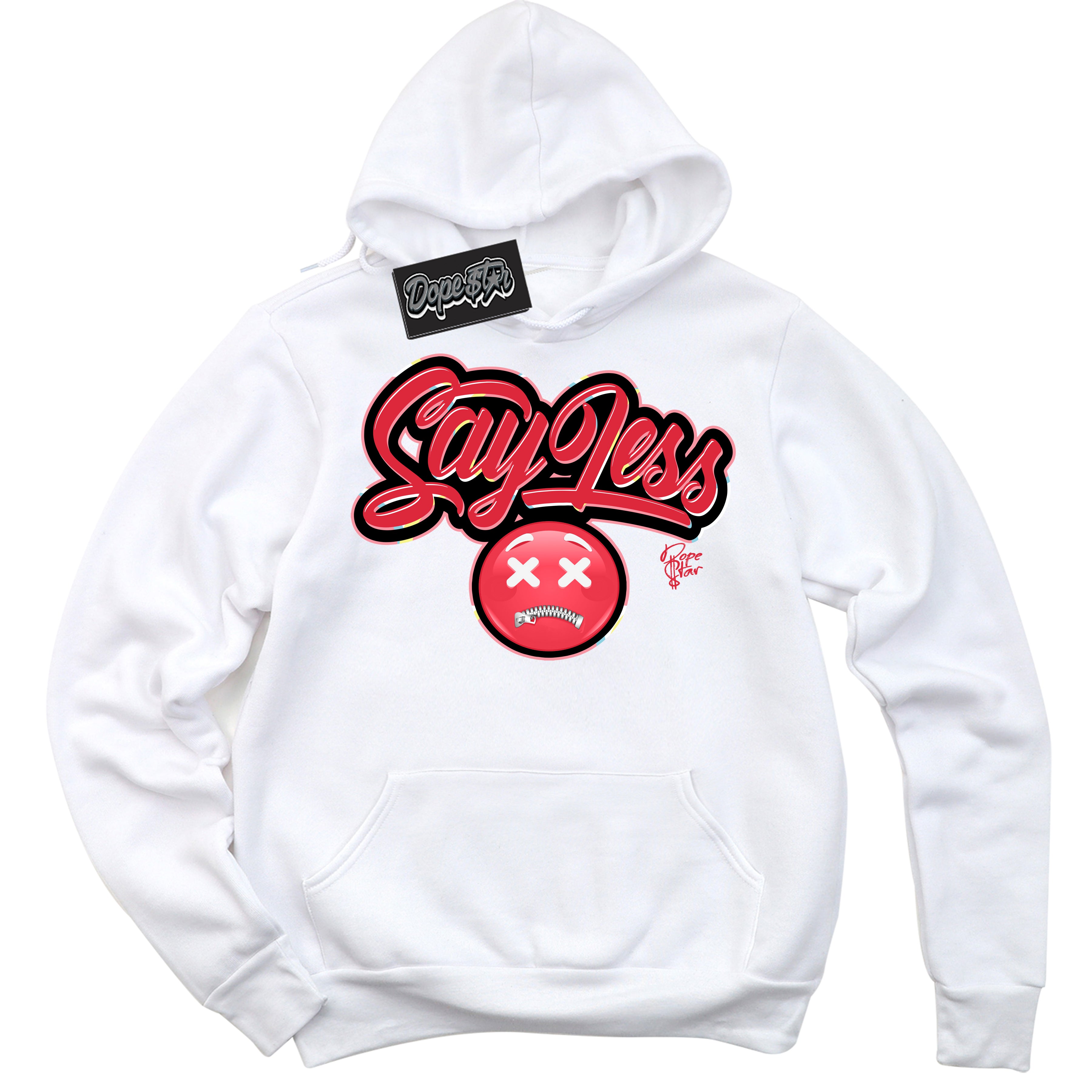 Cool White Graphic DopeStar Hoodie with “ Say Less “ print, that perfectly matches Spider-Verse 1s sneakers