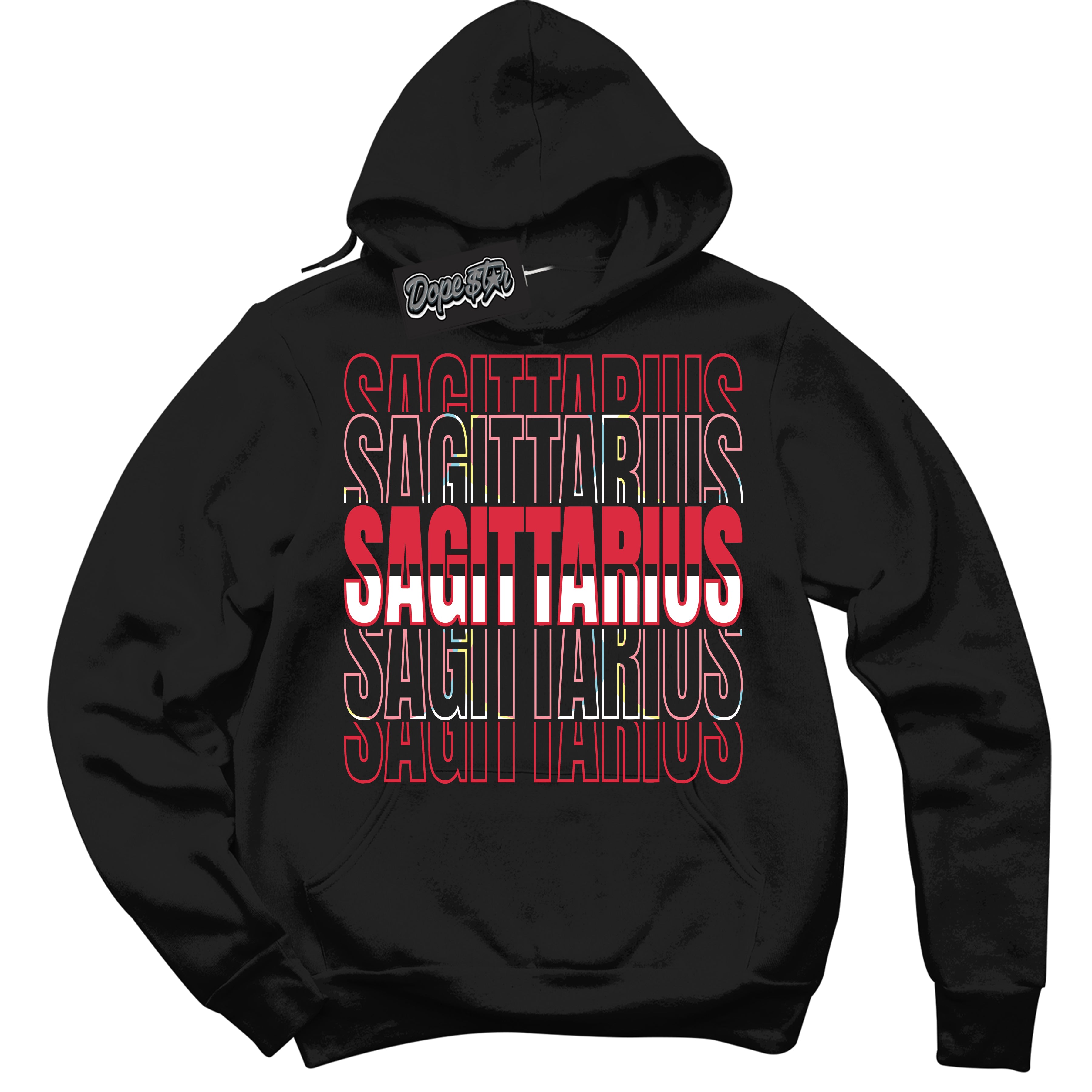 Cool Black Graphic DopeStar Hoodie with “ Sagittarius “ print, that perfectly matches Spider-Verse 1s sneakers