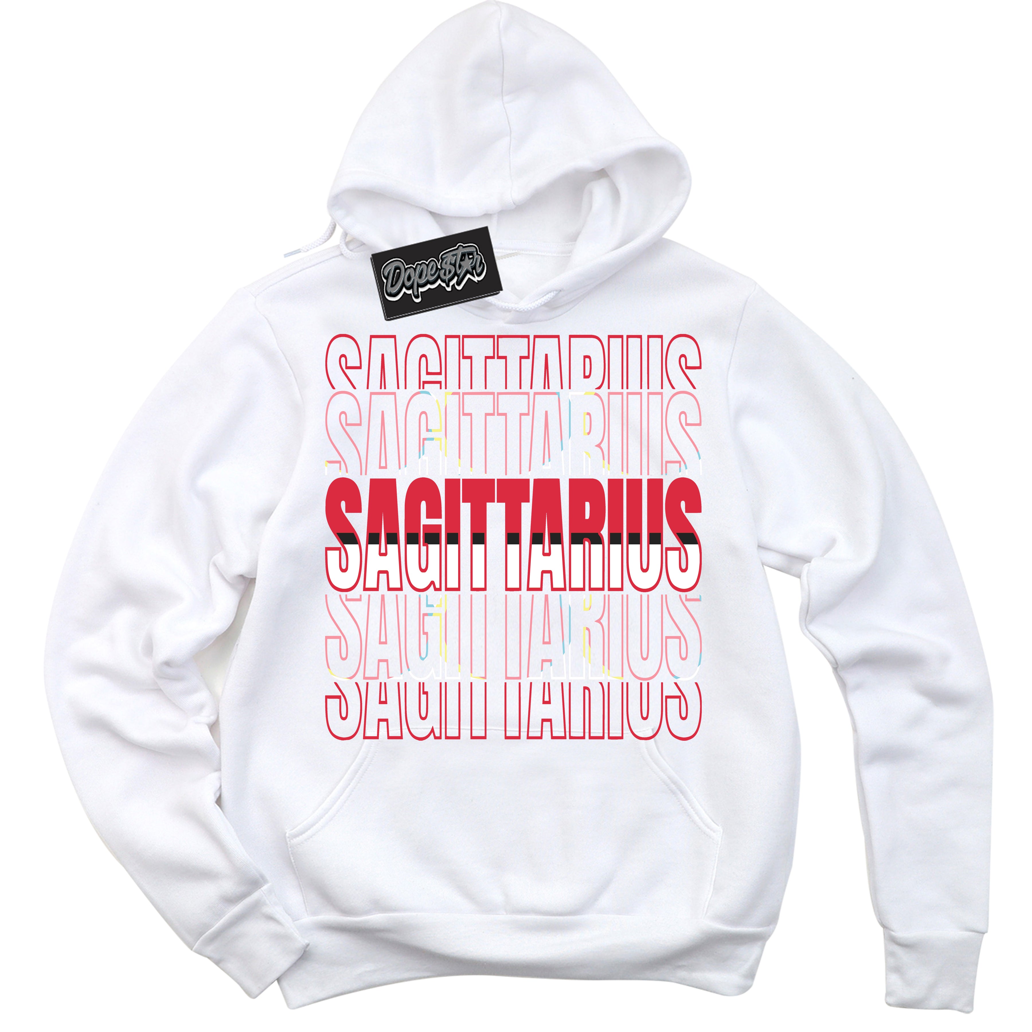 Cool White Graphic DopeStar Hoodie with “ Sagittarius “ print, that perfectly matches Spider-Verse 1s sneakers