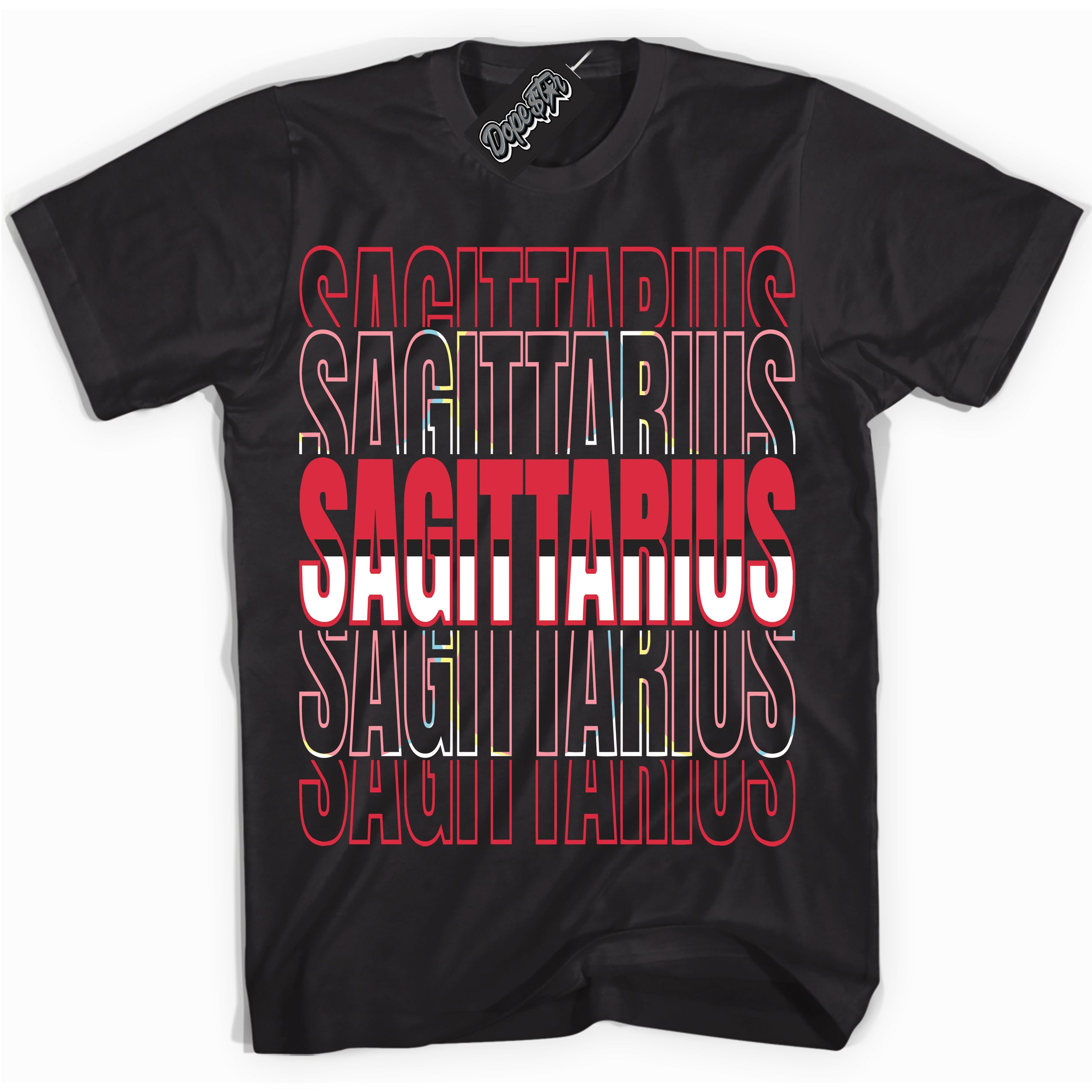 Cool Black graphic tee with “ Sagittarius ” design, that perfectly matches Spider-Verse 1s sneakers 