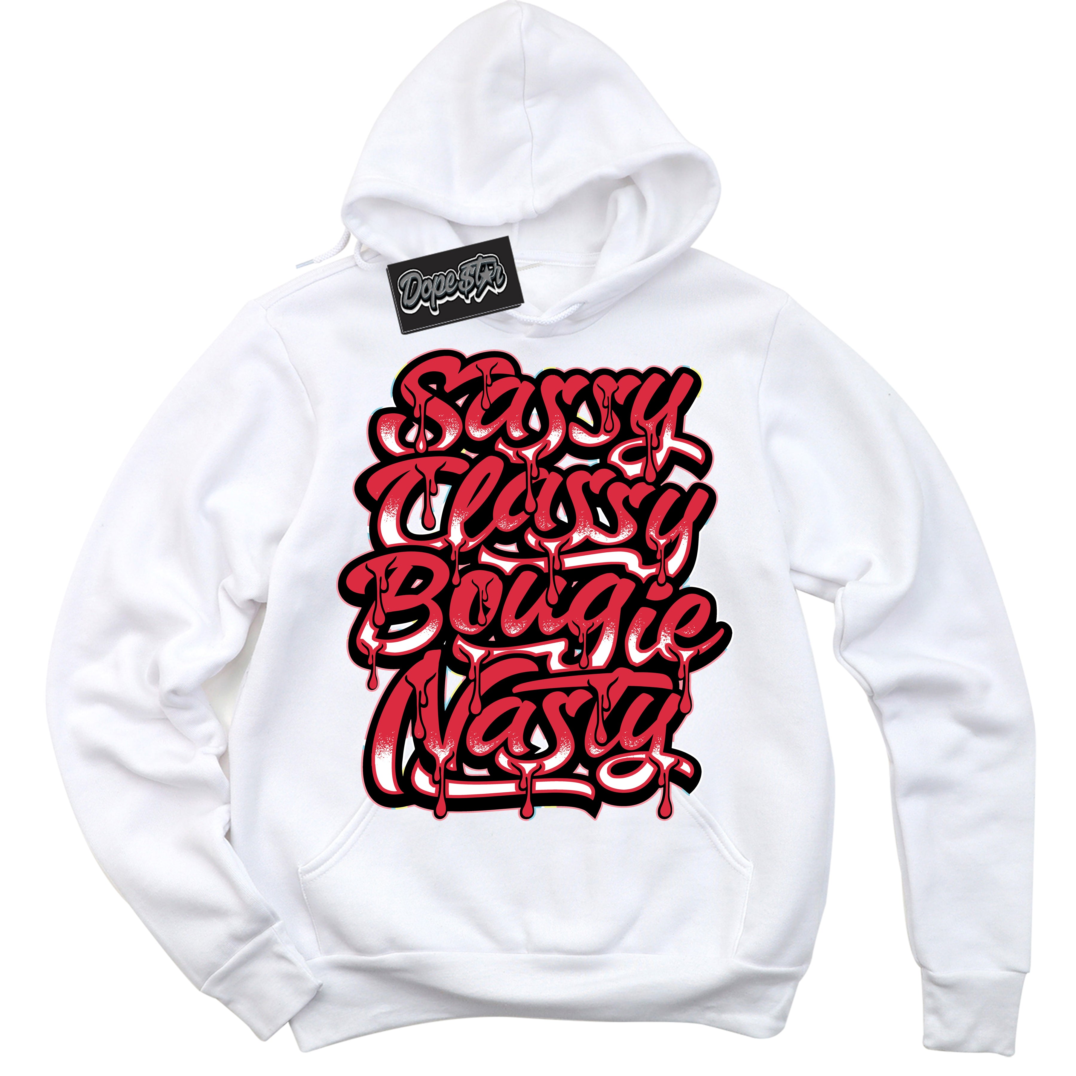 Cool White Graphic DopeStar Hoodie with “ Sassy Classy “ print, that perfectly matches Spider-Verse 1s sneakers