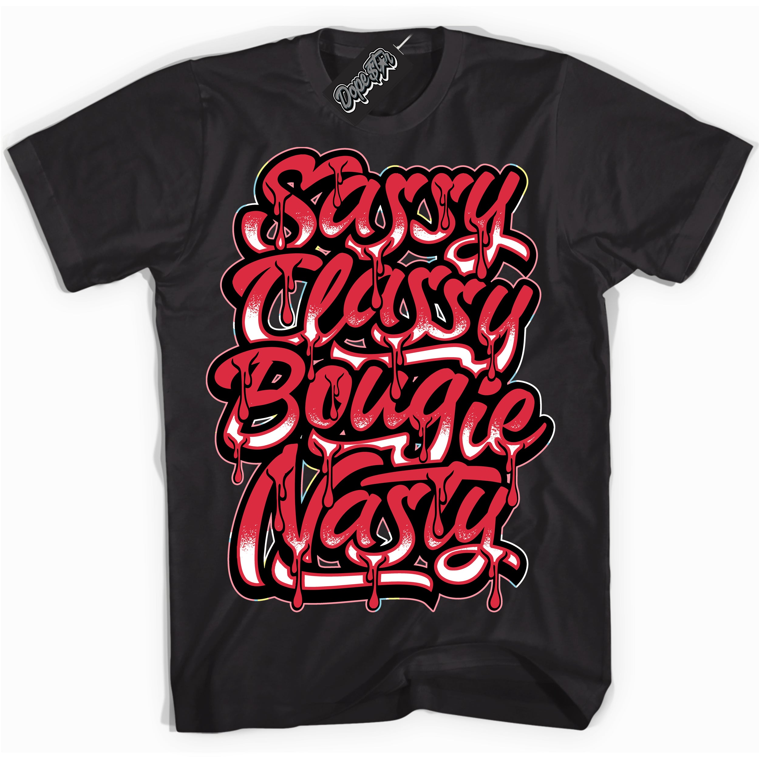 Cool Black graphic tee with “ Sassy Classy ” design, that perfectly matches Spider-Verse 1s sneakers 