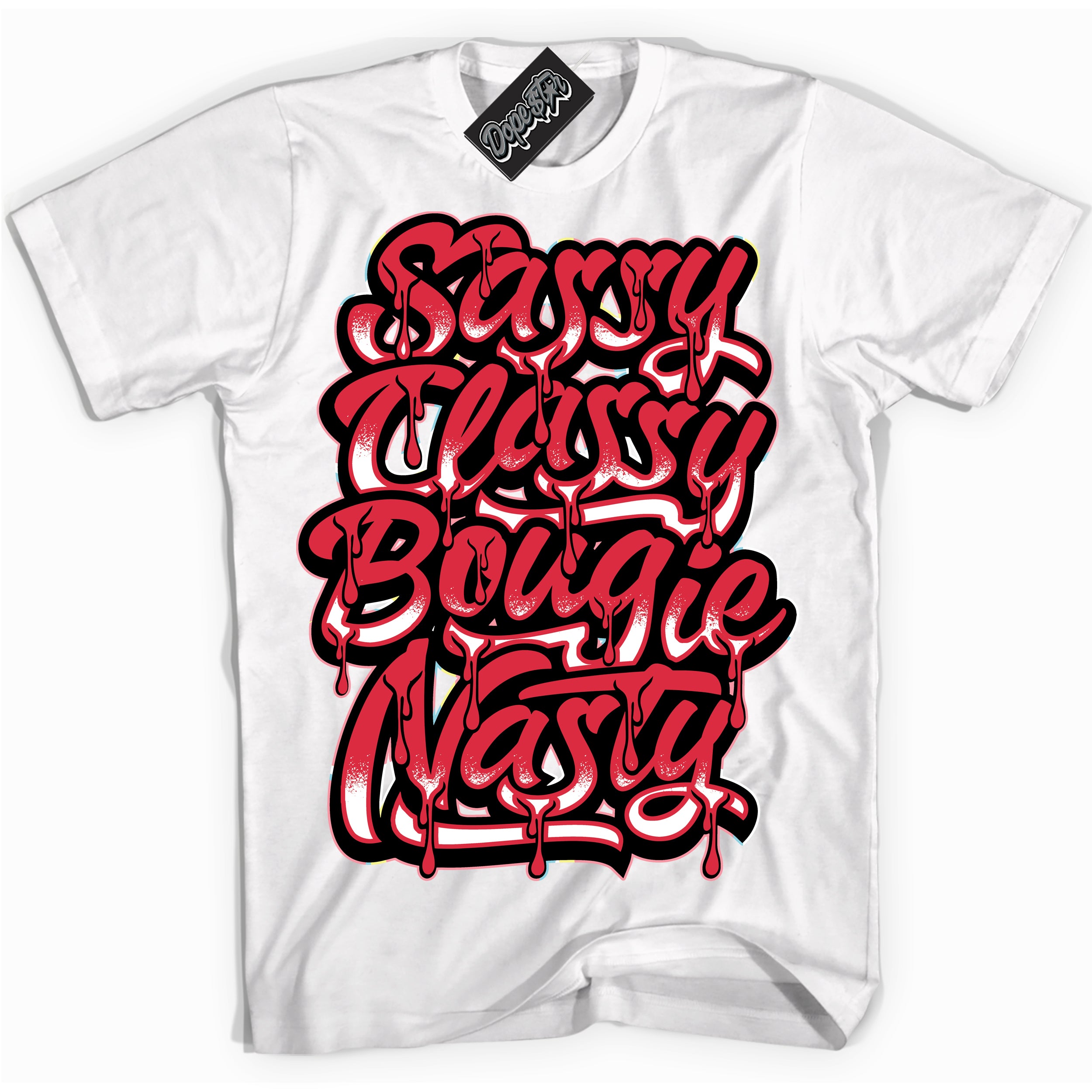 Cool White graphic tee with “ Sassy Classy ” design, that perfectly matches Spider-Verse 1s sneakers 