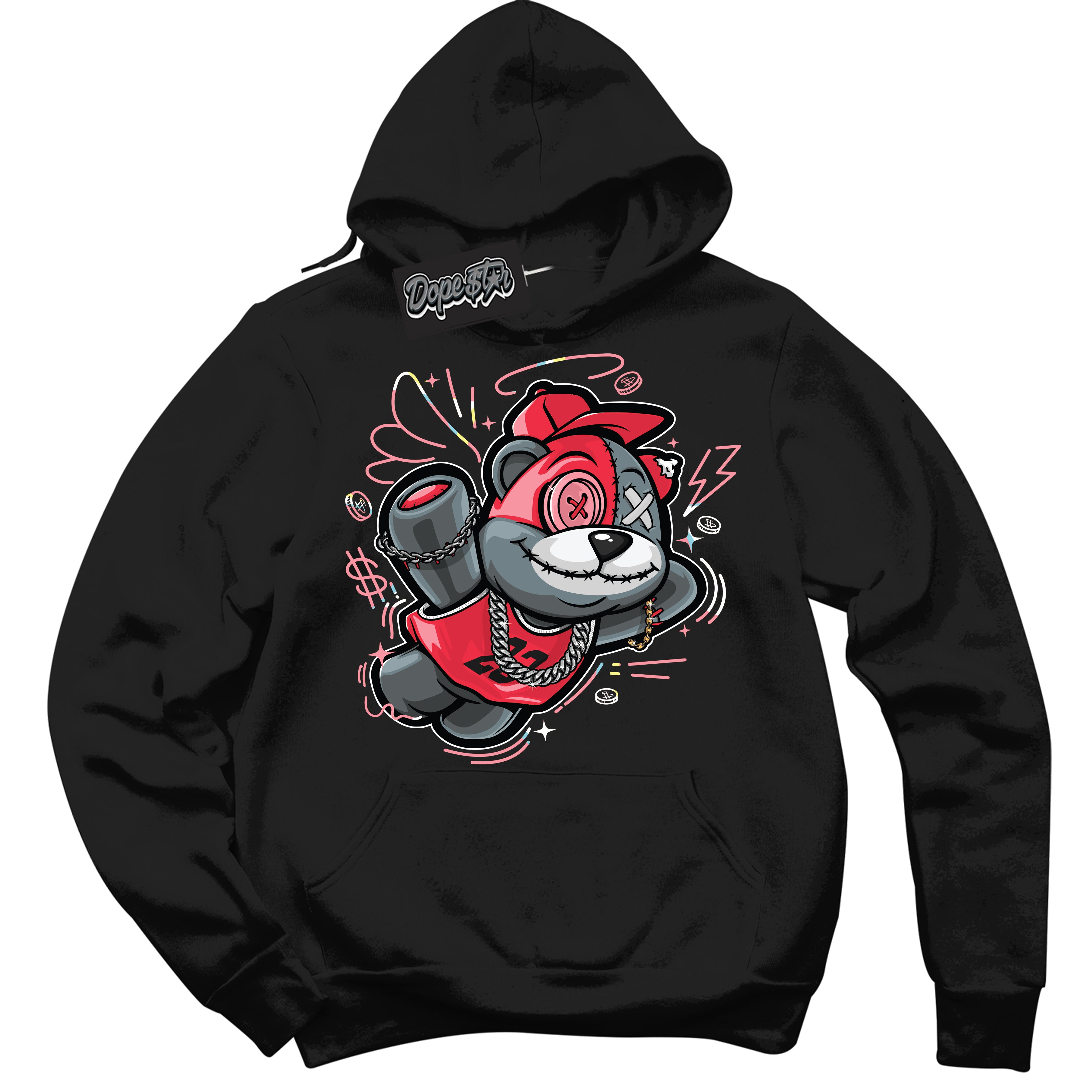 Cool Black Graphic DopeStar Hoodie with “ Slam Dunk Bear “ print, that perfectly matches Spider-Verse 1s sneakers