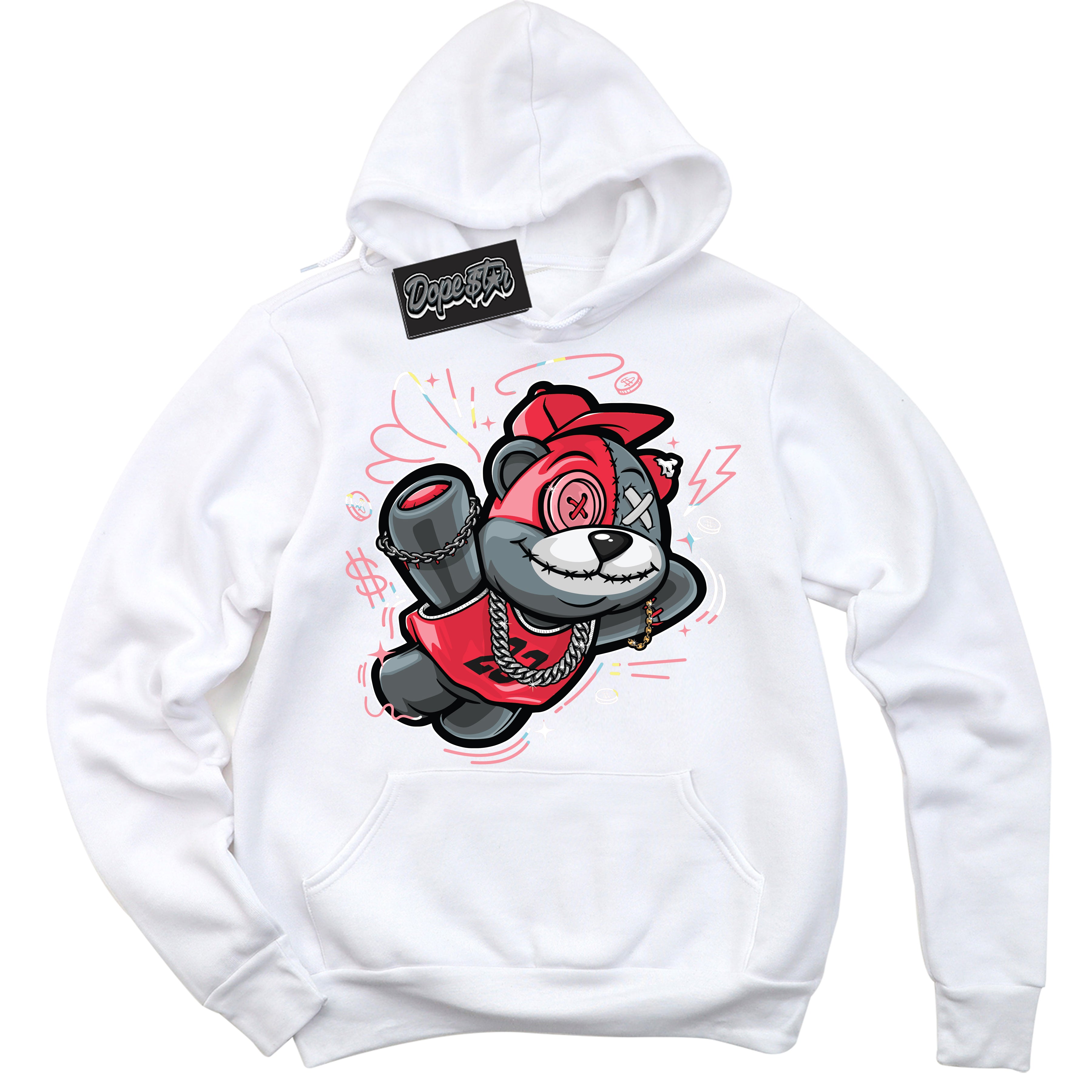 Cool White Graphic DopeStar Hoodie with “ Slam Dunk Bear “ print, that perfectly matches Spider-Verse 1s sneakers
