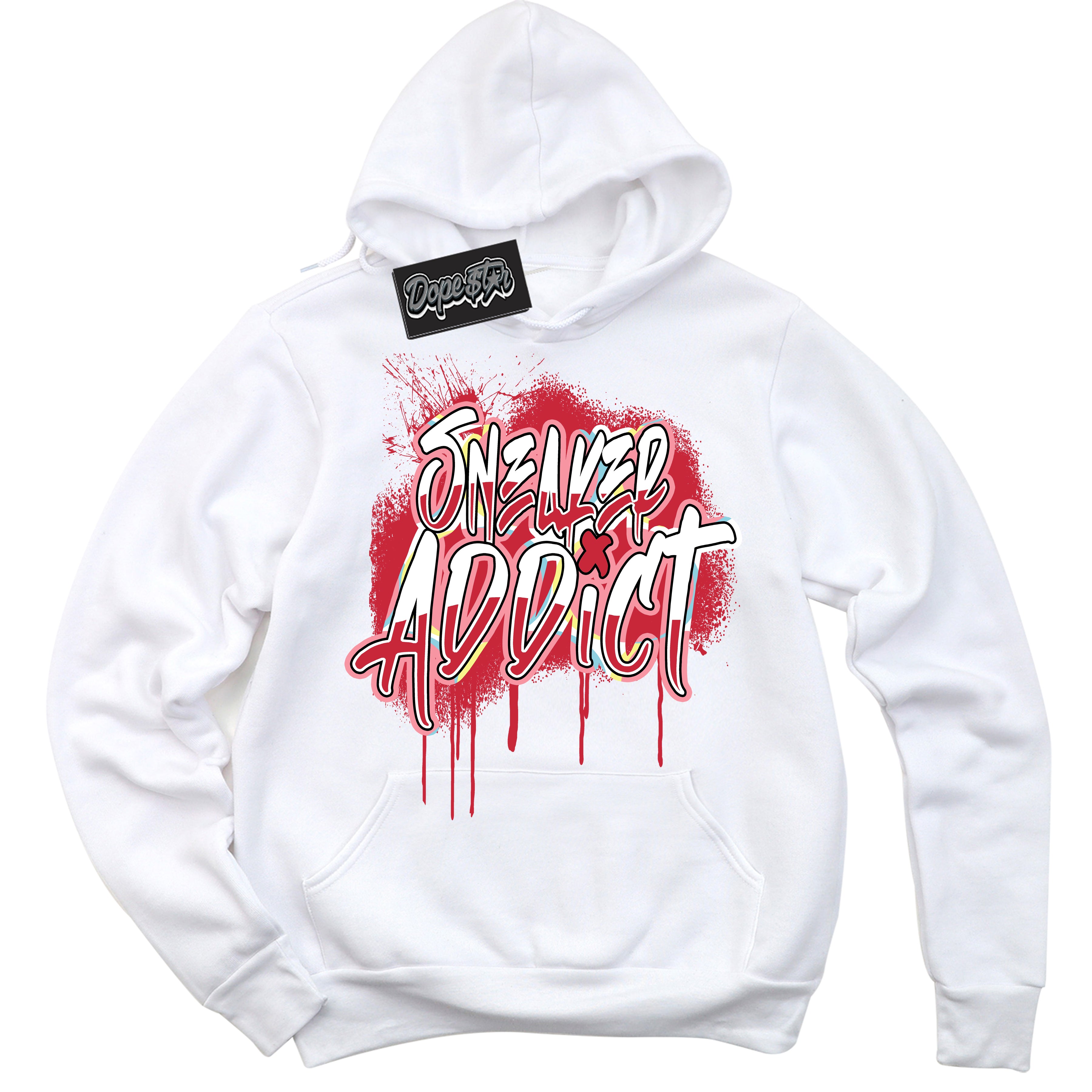 Cool White Graphic DopeStar Hoodie with “ Sneaker Addict “ print, that perfectly matches Spider-Verse 1s sneakers