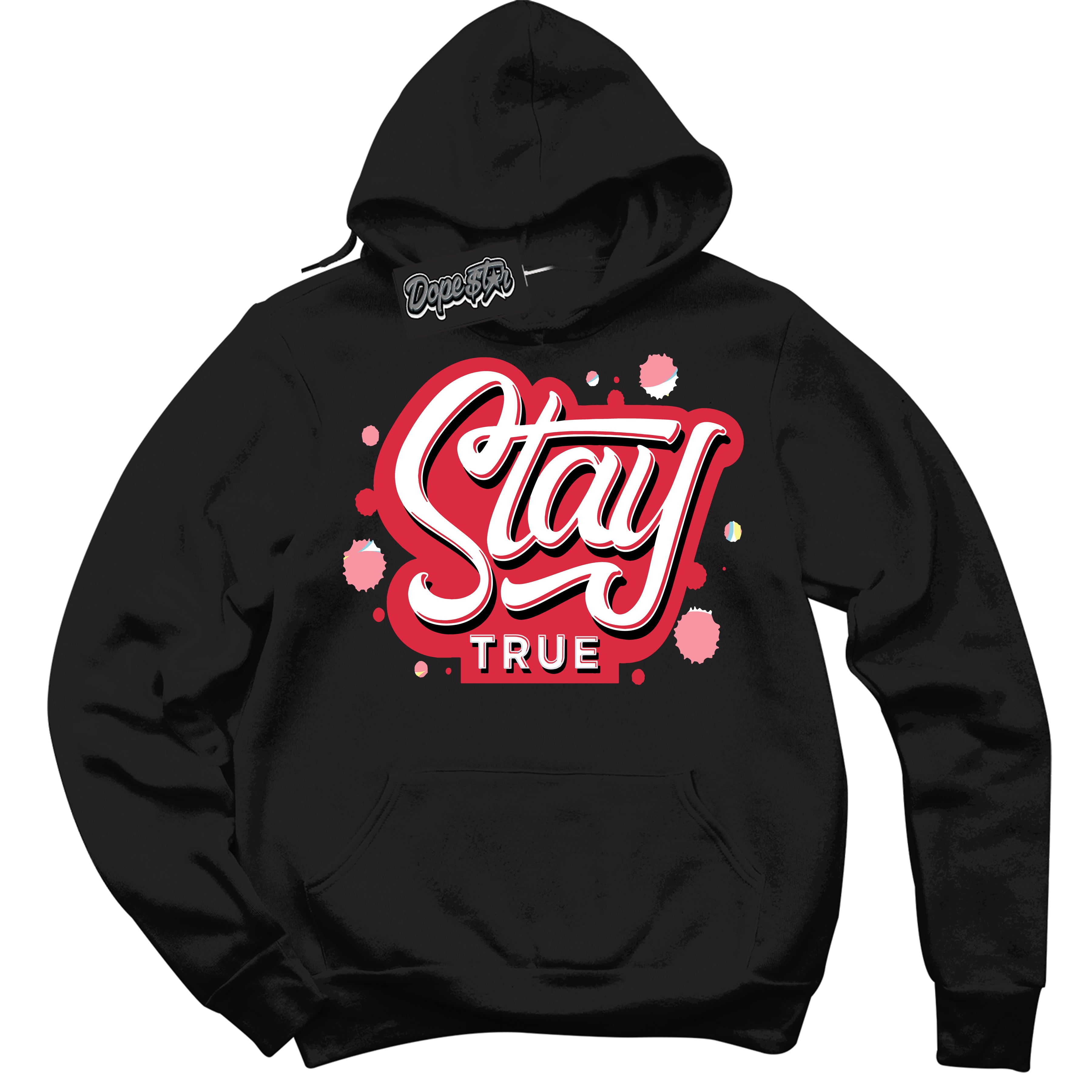 Cool Black Graphic DopeStar Hoodie with “ Stay True “ print, that perfectly matches Spider-Verse 1s sneakers