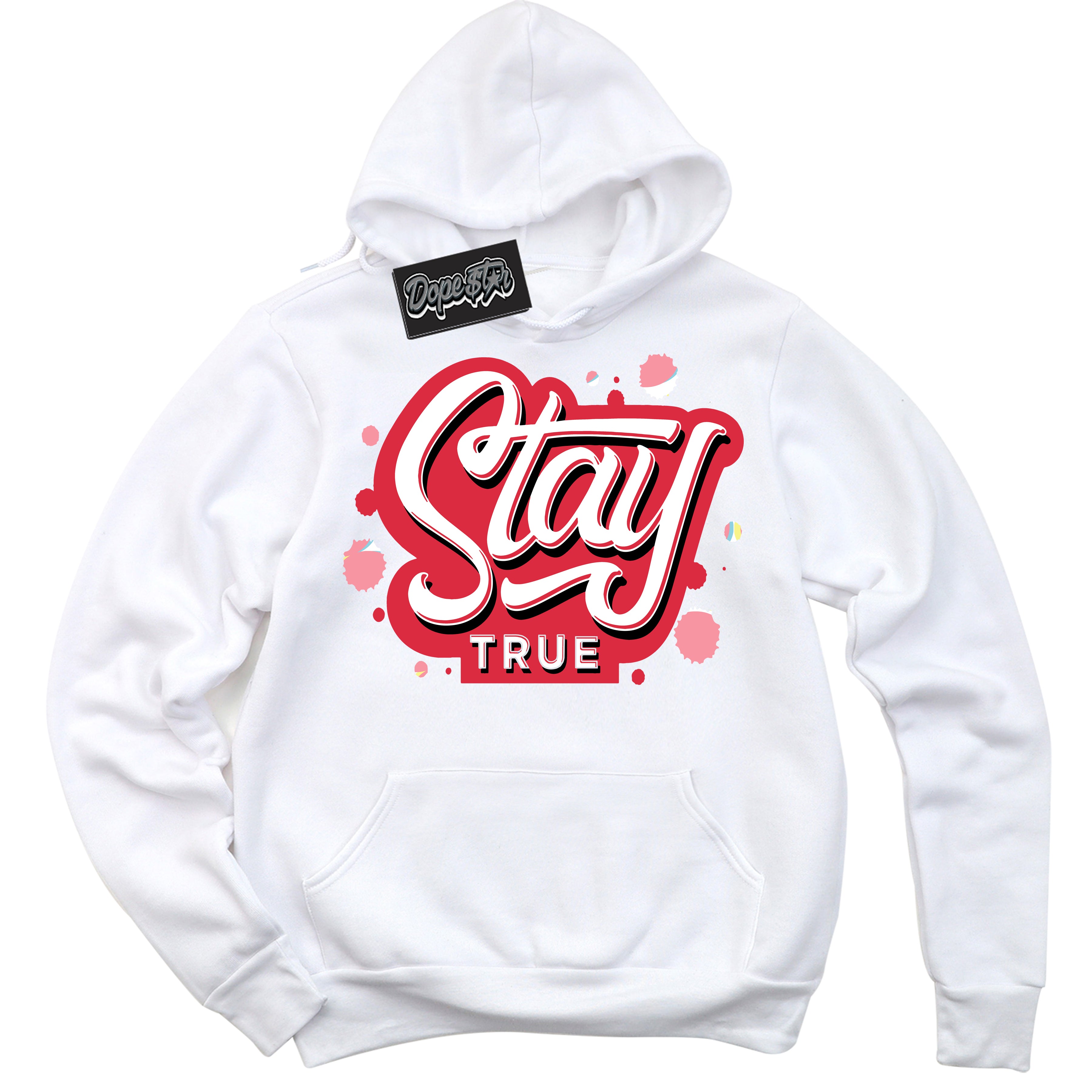 Cool White Graphic DopeStar Hoodie with “ Stay True “ print, that perfectly matches Spider-Verse 1s sneakers