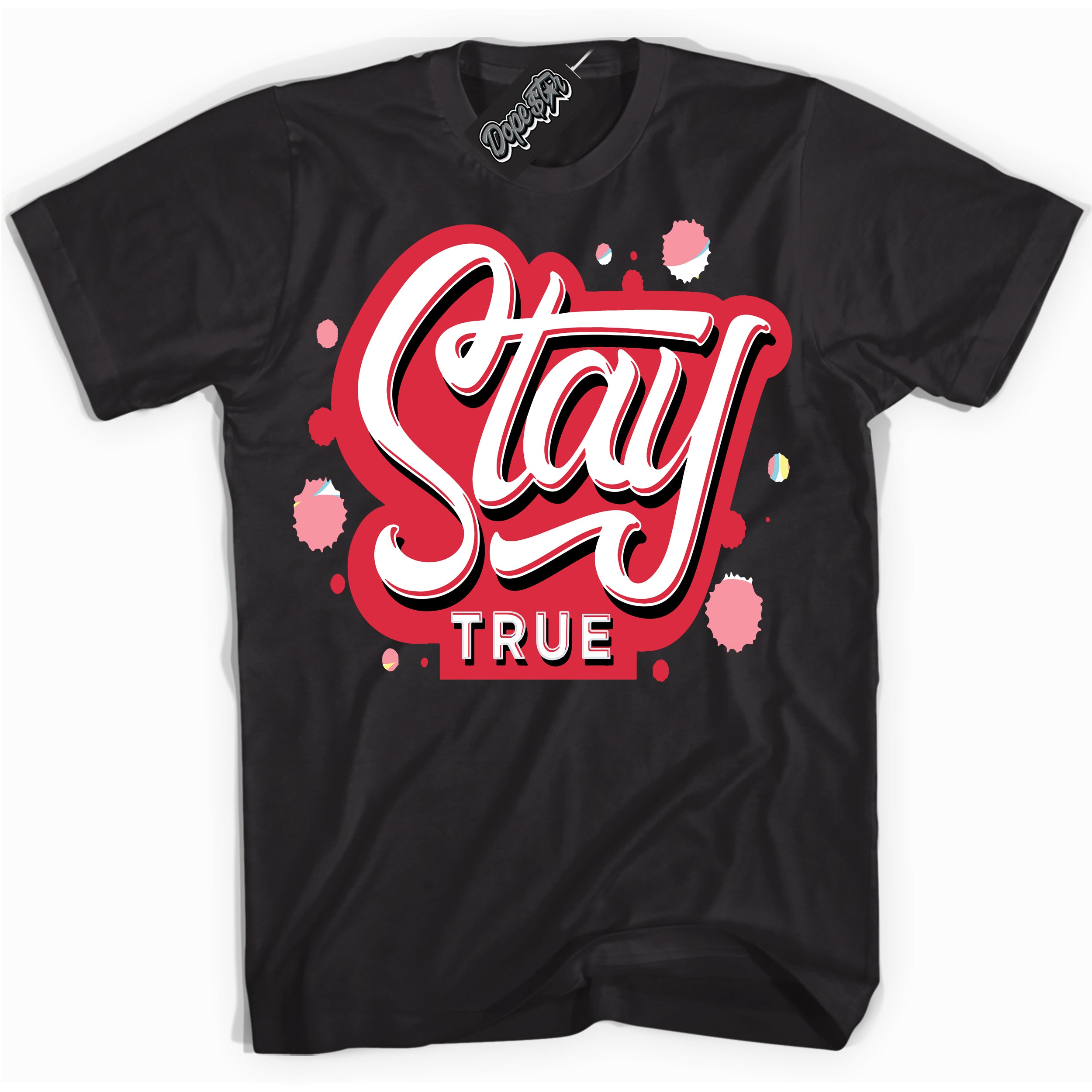 Cool Black graphic tee with “ Stay True ” design, that perfectly matches Spider-Verse 1s sneakers 