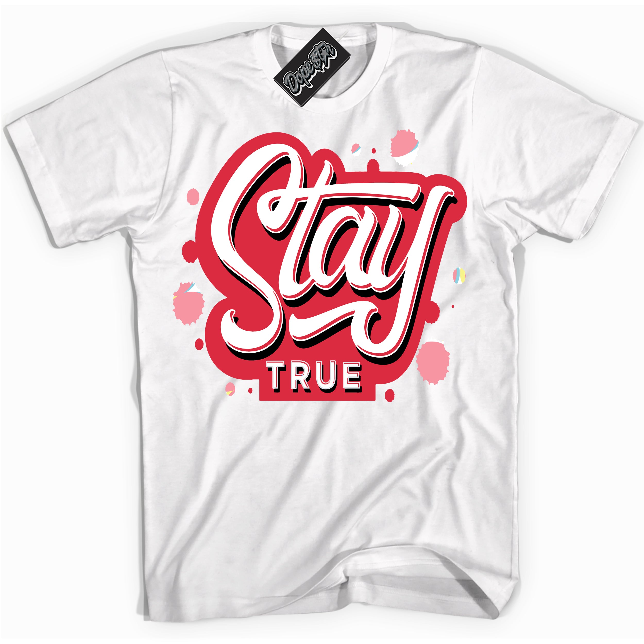 Cool White graphic tee with “ Stay True ” design, that perfectly matches Spider-Verse 1s sneakers 