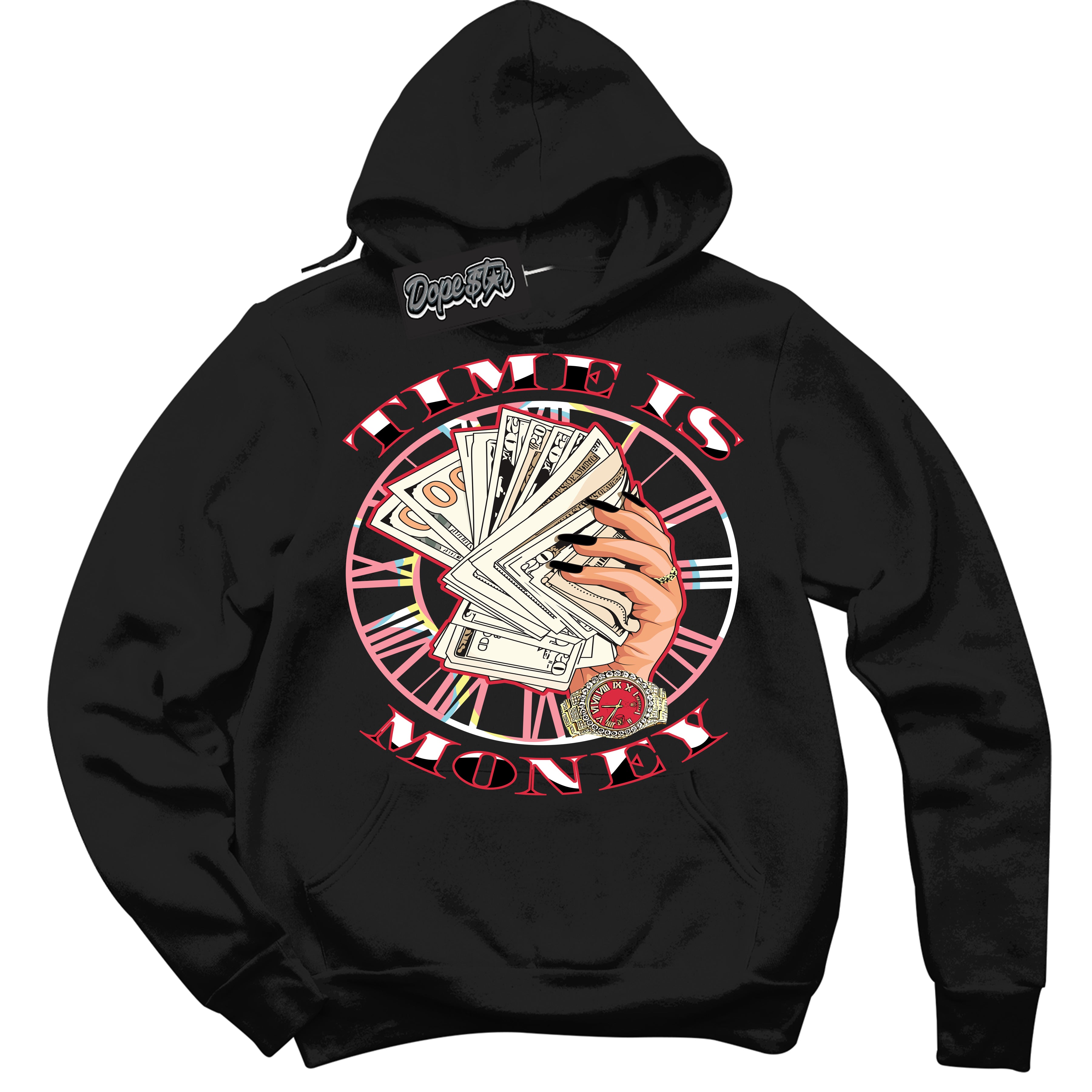 Cool Black Graphic DopeStar Hoodie with “ Time Is Money “ print, that perfectly matches Spider-Verse 1s sneakers