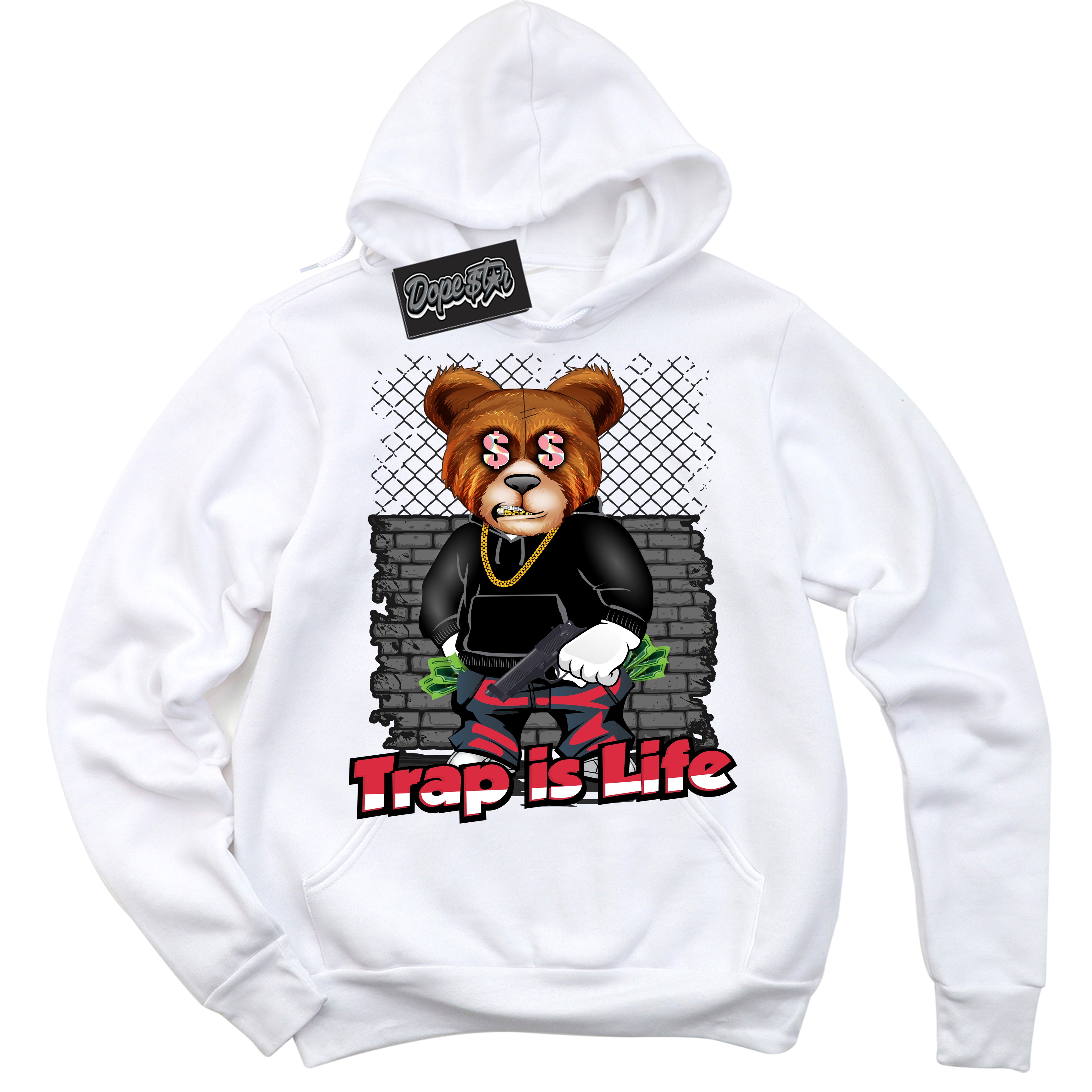 Cool White Graphic DopeStar Hoodie with “ Trap Is Life “ print, that perfectly matches Spider-Verse 1s sneakers