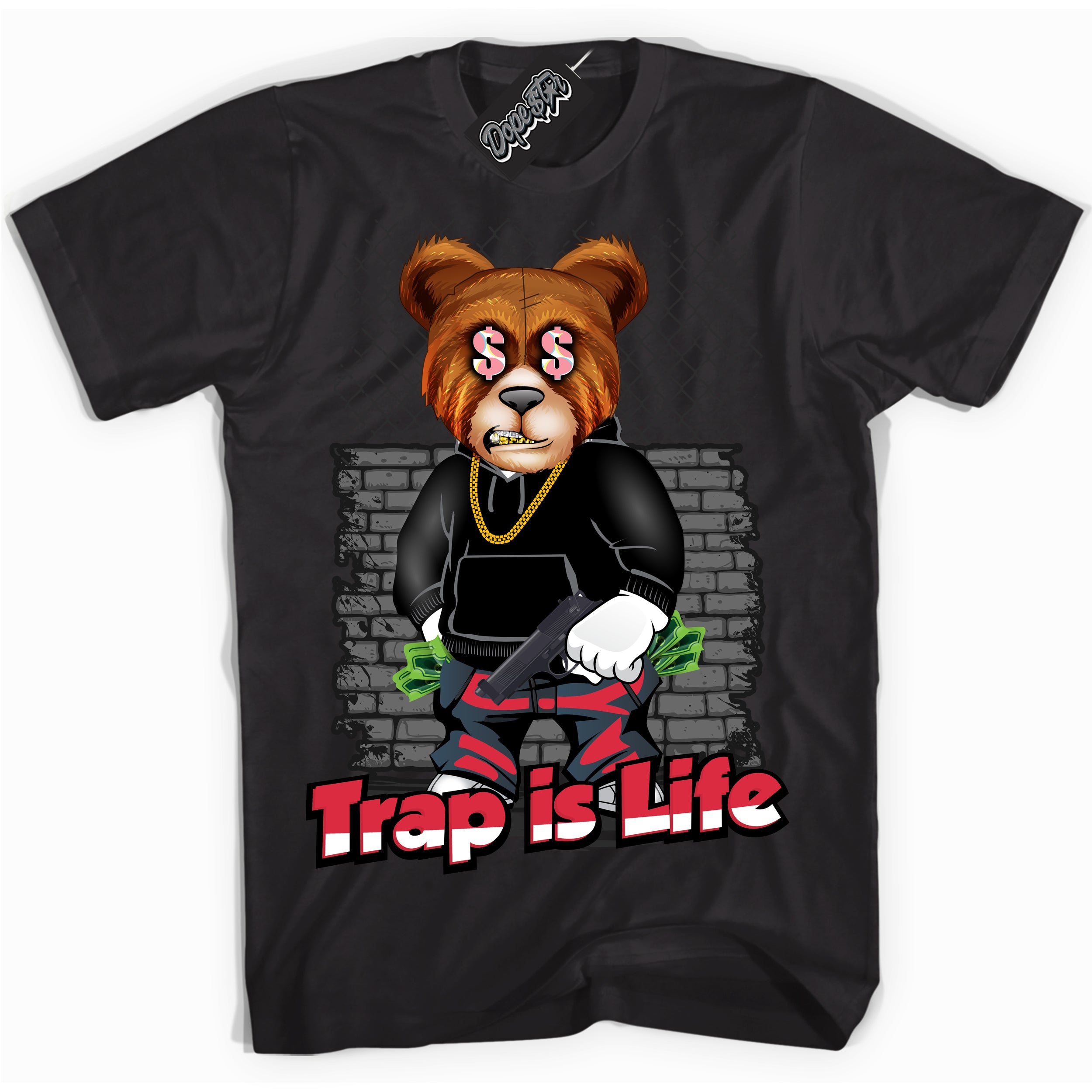 Cool Black graphic tee with “ Trap Is Life ” design, that perfectly matches Spider-Verse 1s sneakers 