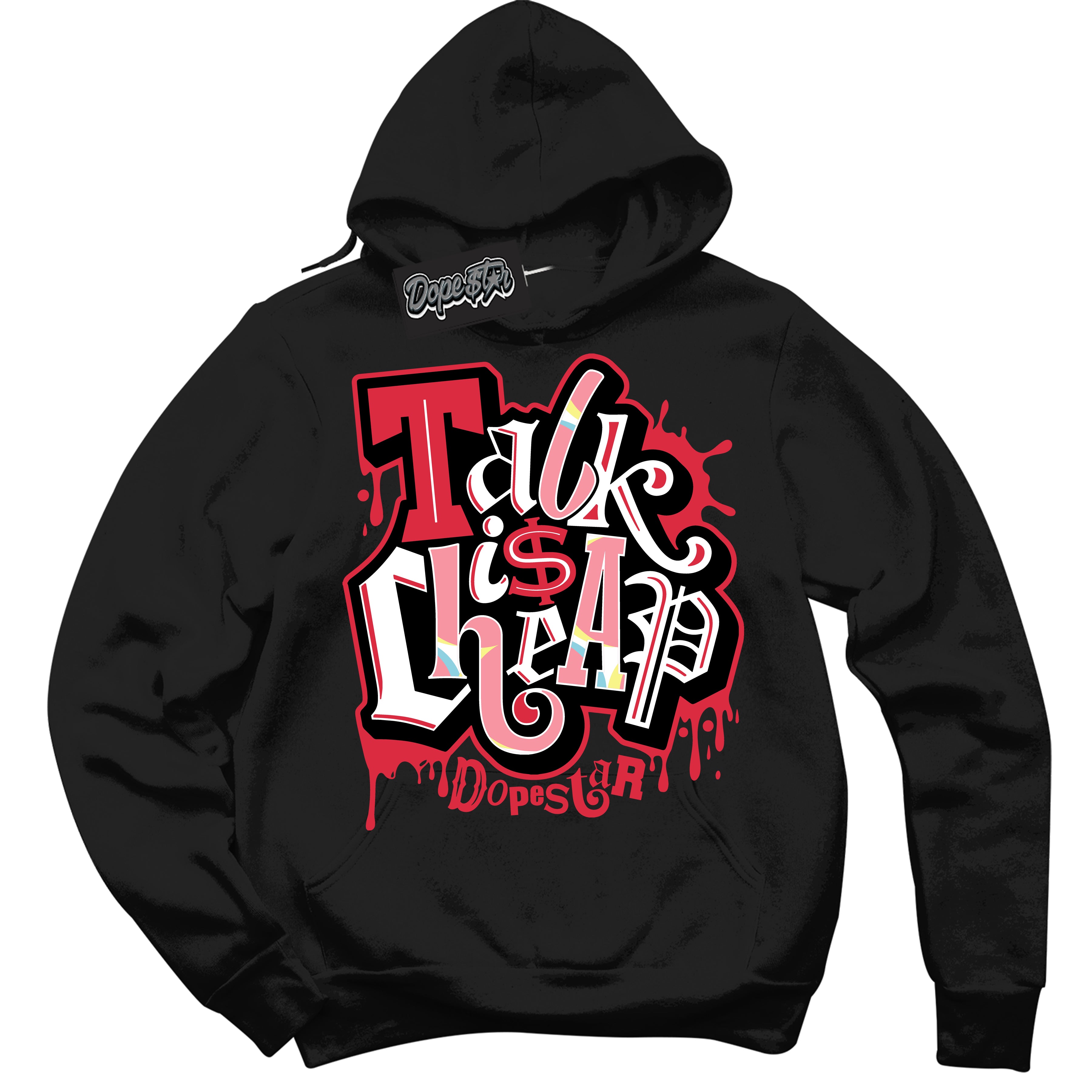 Cool Black Graphic DopeStar Hoodie with “ Talk Is Cheap “ print, that perfectly matches Spider-Verse 1s sneakers