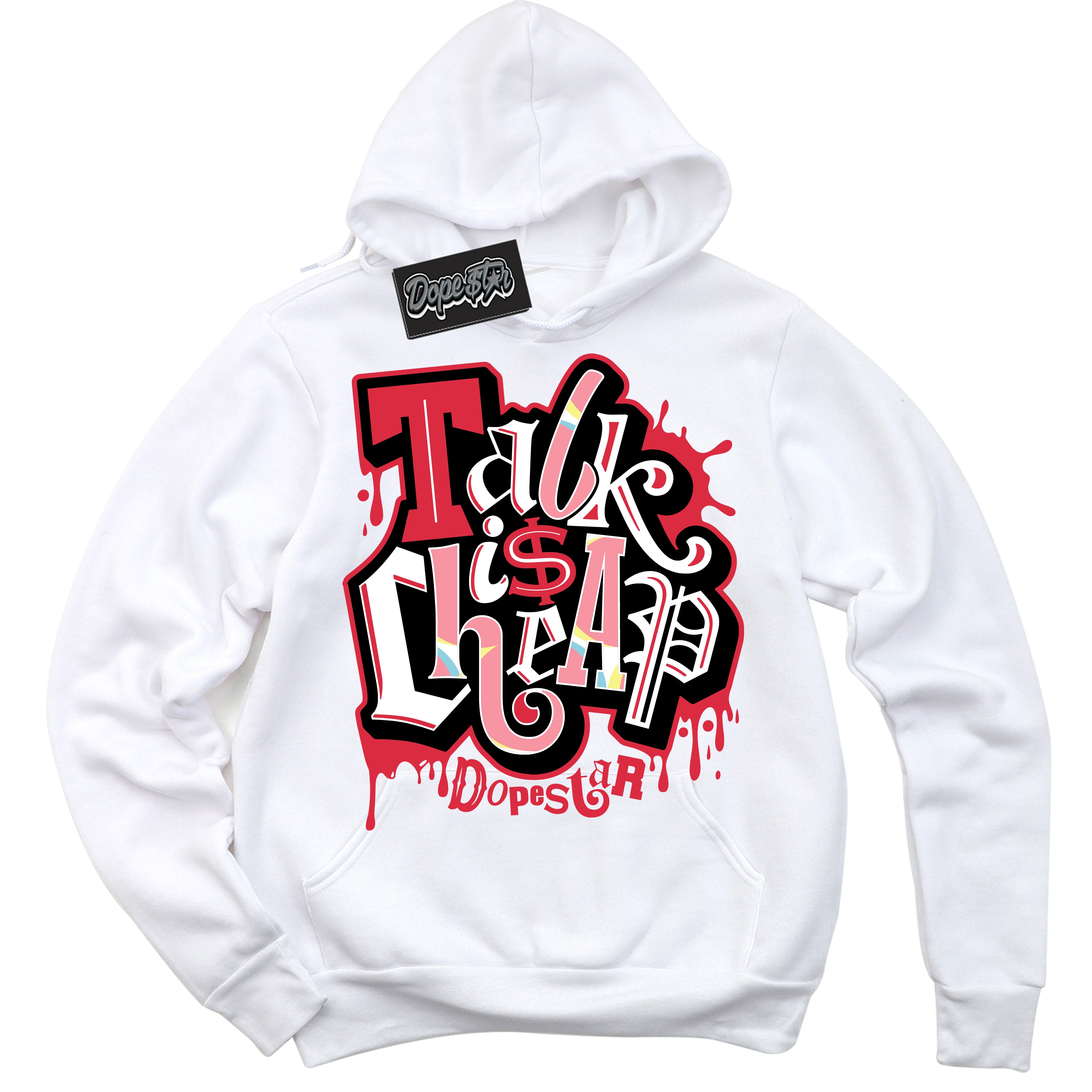 Cool White Graphic DopeStar Hoodie with “ Talk Is Cheap “ print, that perfectly matches Spider-Verse 1s sneakers