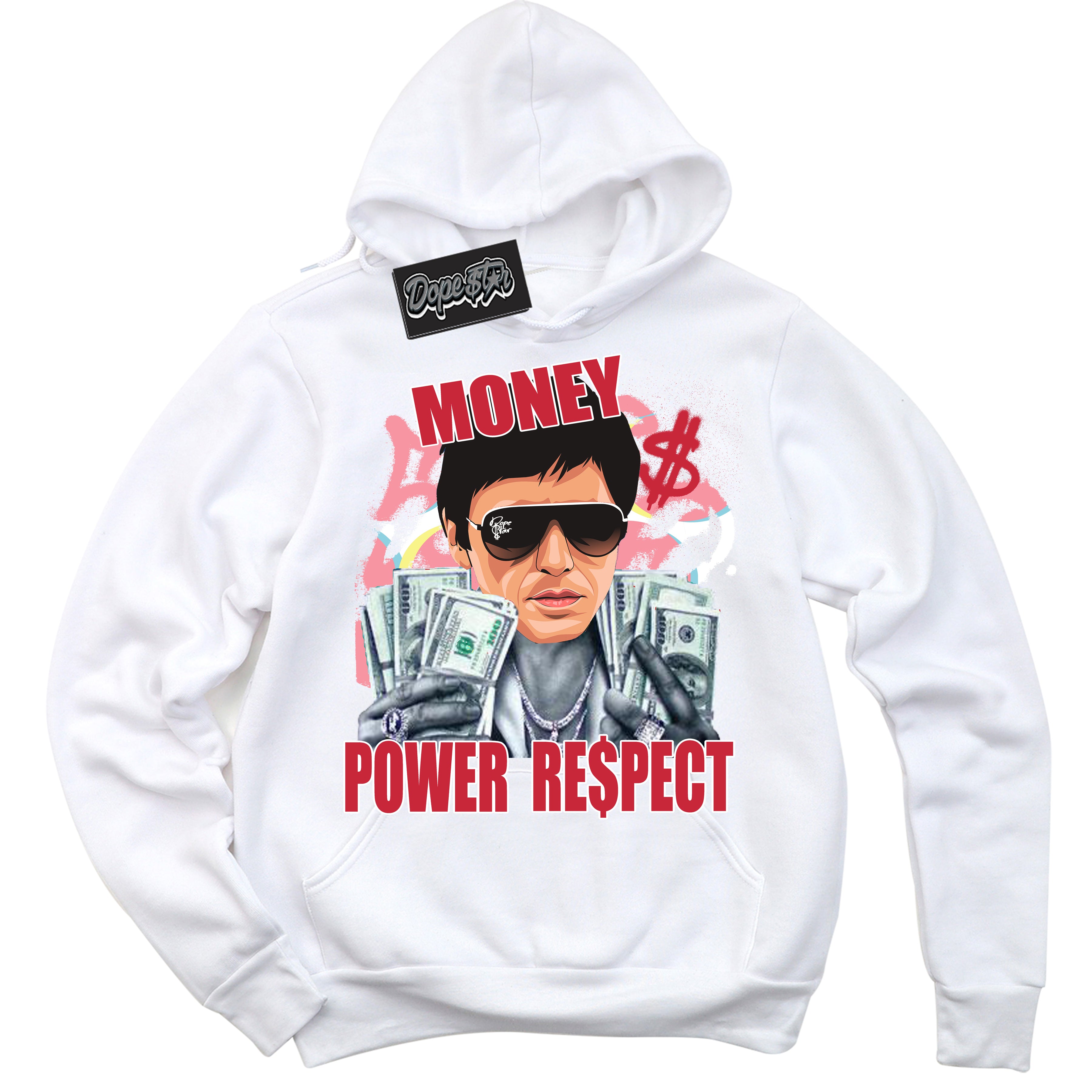 Cool White Graphic DopeStar Hoodie with “ Tony Montana “ print, that perfectly matches Spider-Verse 1s sneakers