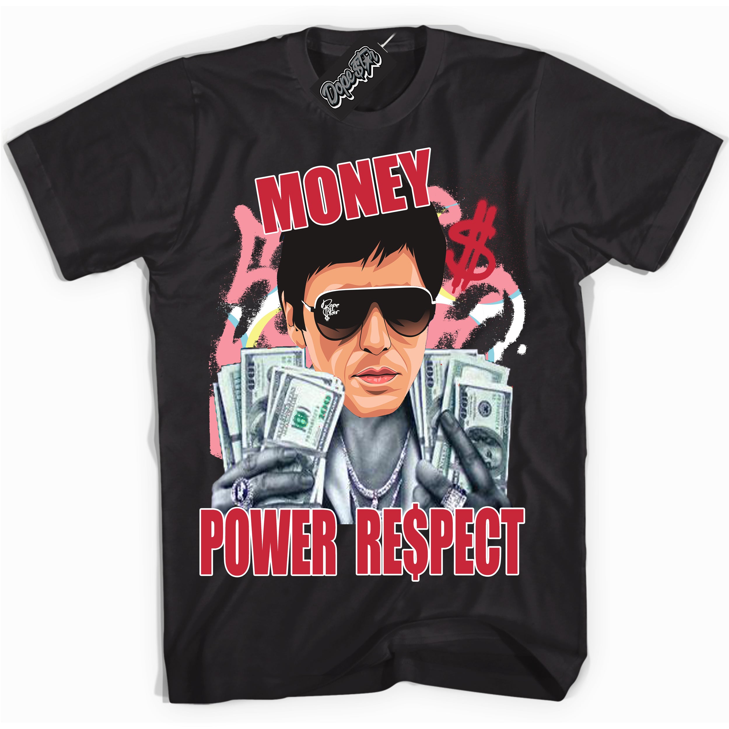 Cool Black graphic tee with “ Tony Montana ” design, that perfectly matches Spider-Verse 1s sneakers 