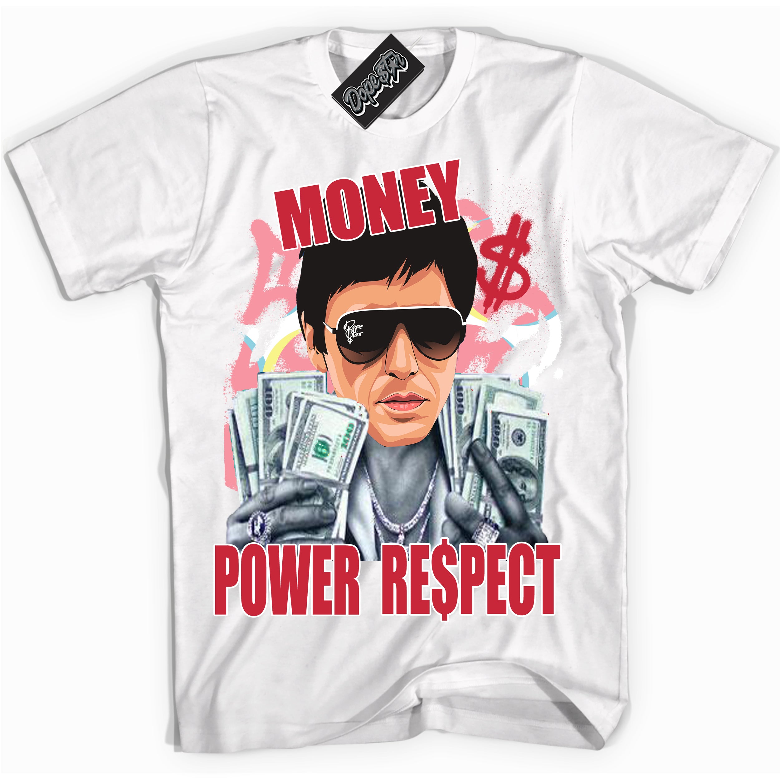 Cool White graphic tee with “ Tony Montana ” design, that perfectly matches Spider-Verse 1s sneakers 