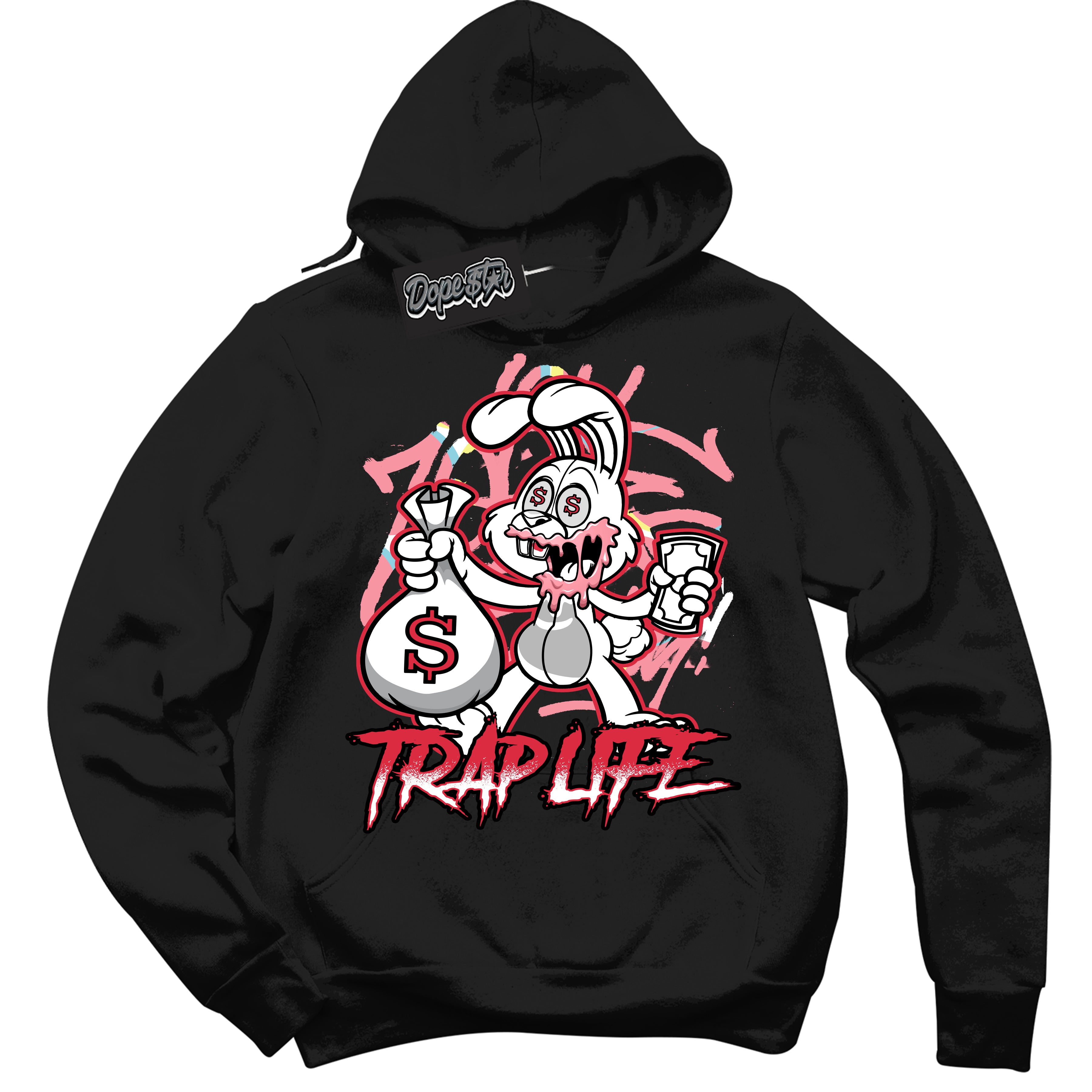 Cool Black Graphic DopeStar Hoodie with “ Trap Rabbit “ print, that perfectly matches Spider-Verse 1s sneakers