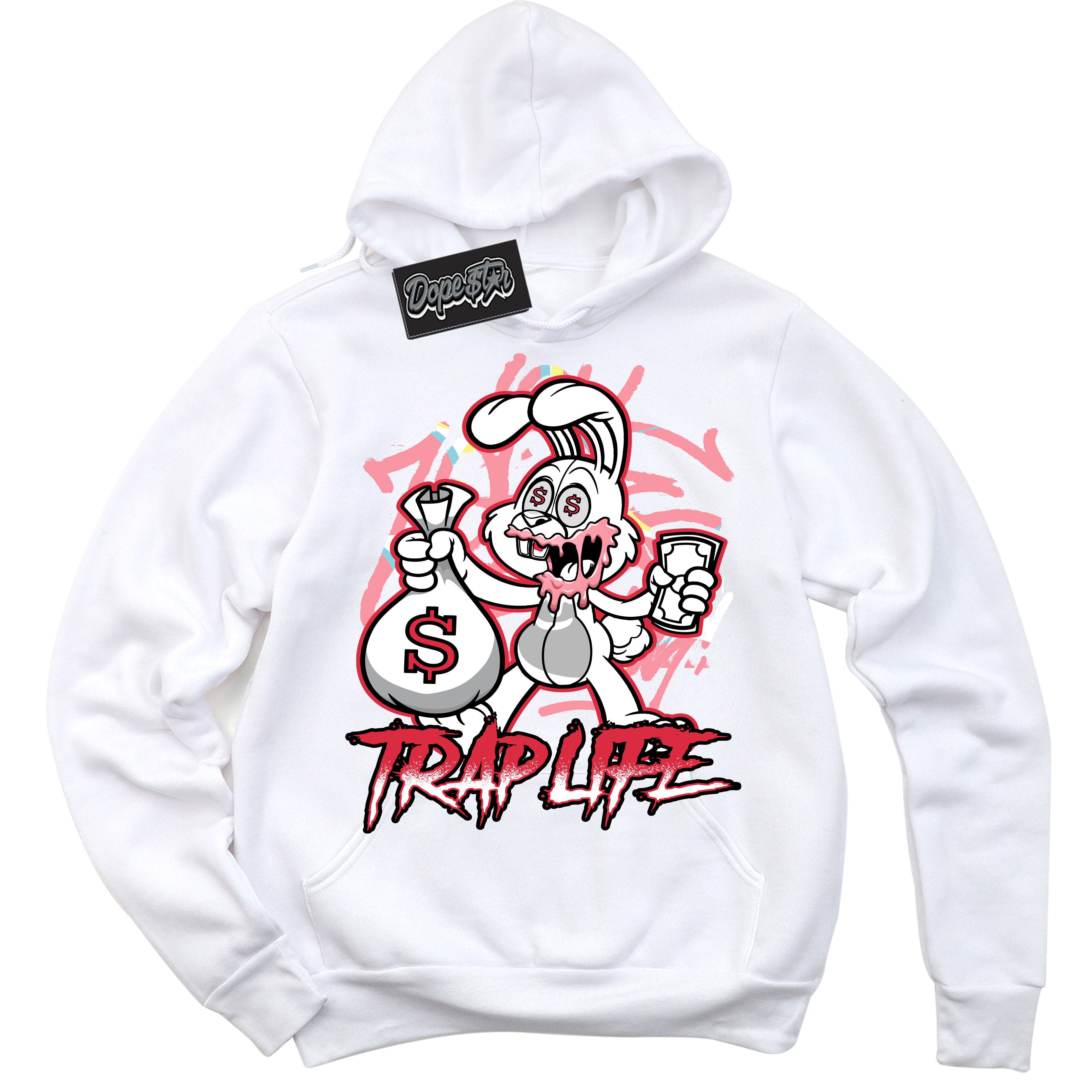 Cool White Graphic DopeStar Hoodie with “ Trap Rabbit “ print, that perfectly matches Spider-Verse 1s sneakers