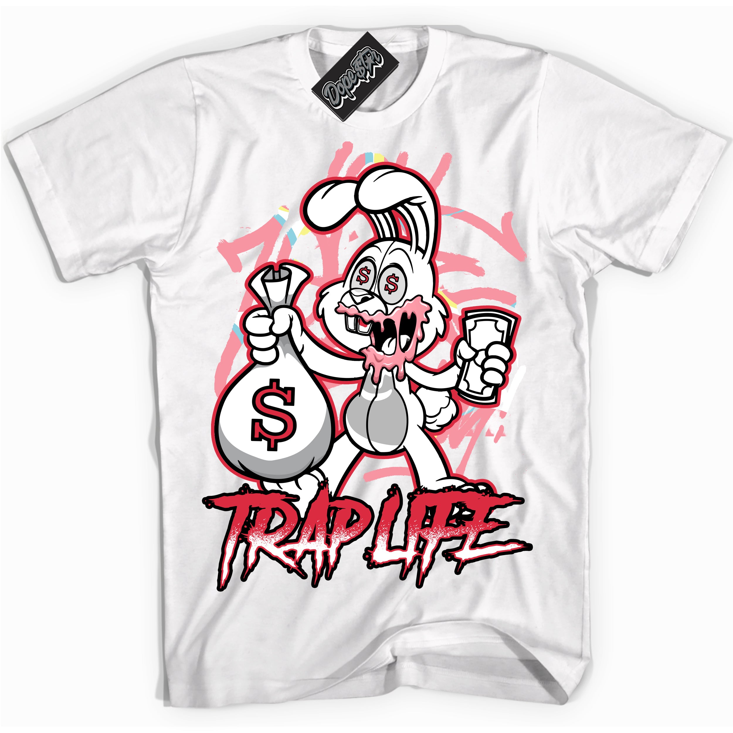 Cool White graphic tee with “ Trap Rabbit ” design, that perfectly matches Spider-Verse 1s sneakers 