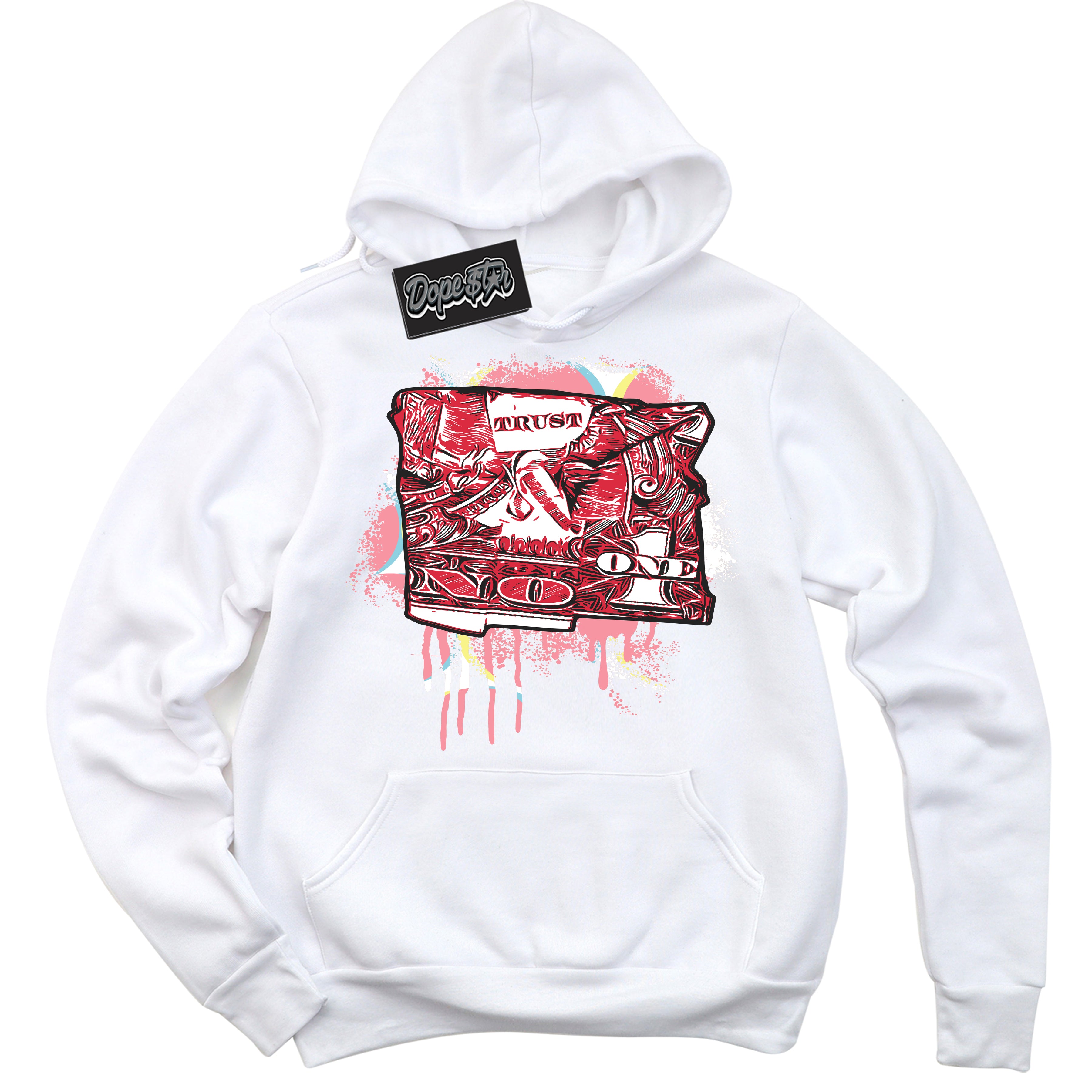 Cool White Graphic DopeStar Hoodie with “ Trust No One Dollar “ print, that perfectly matches Spider-Verse 1s sneakers