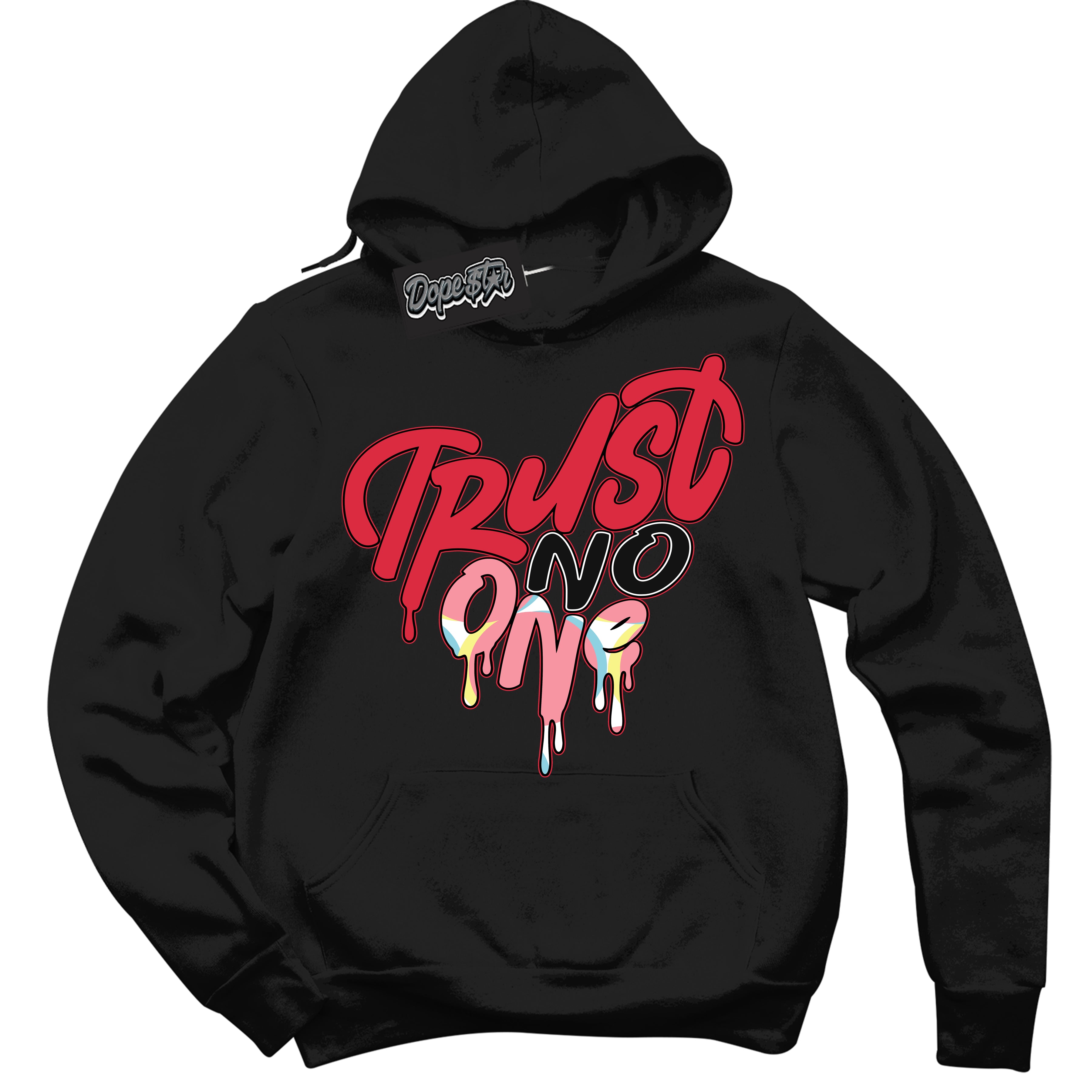 Cool Black Graphic DopeStar Hoodie with “ Trust No One Heart “ print, that perfectly matches Spider-Verse 1s sneakers