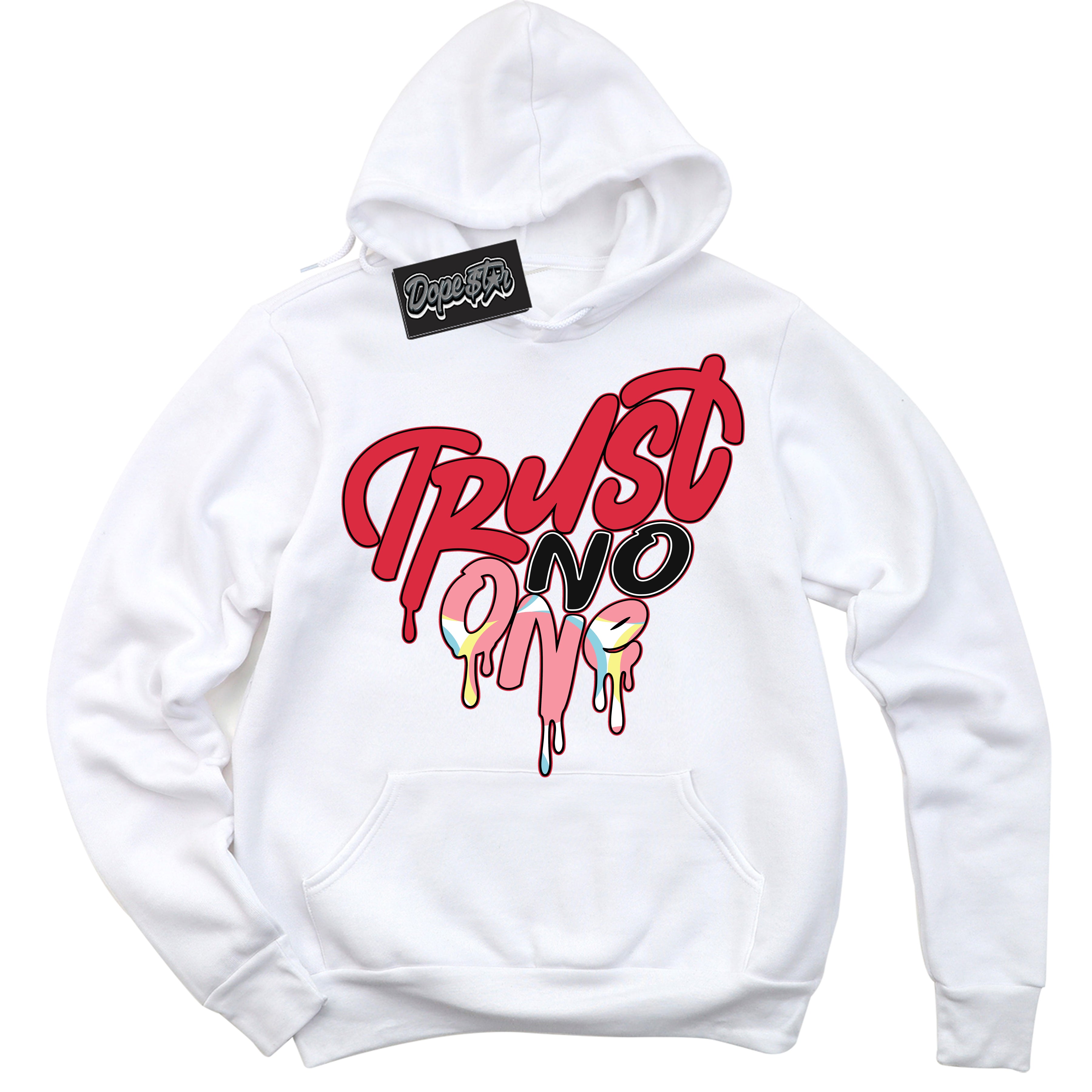 Cool White Graphic DopeStar Hoodie with “ Trust No One Heart “ print, that perfectly matches Spider-Verse 1s sneakers