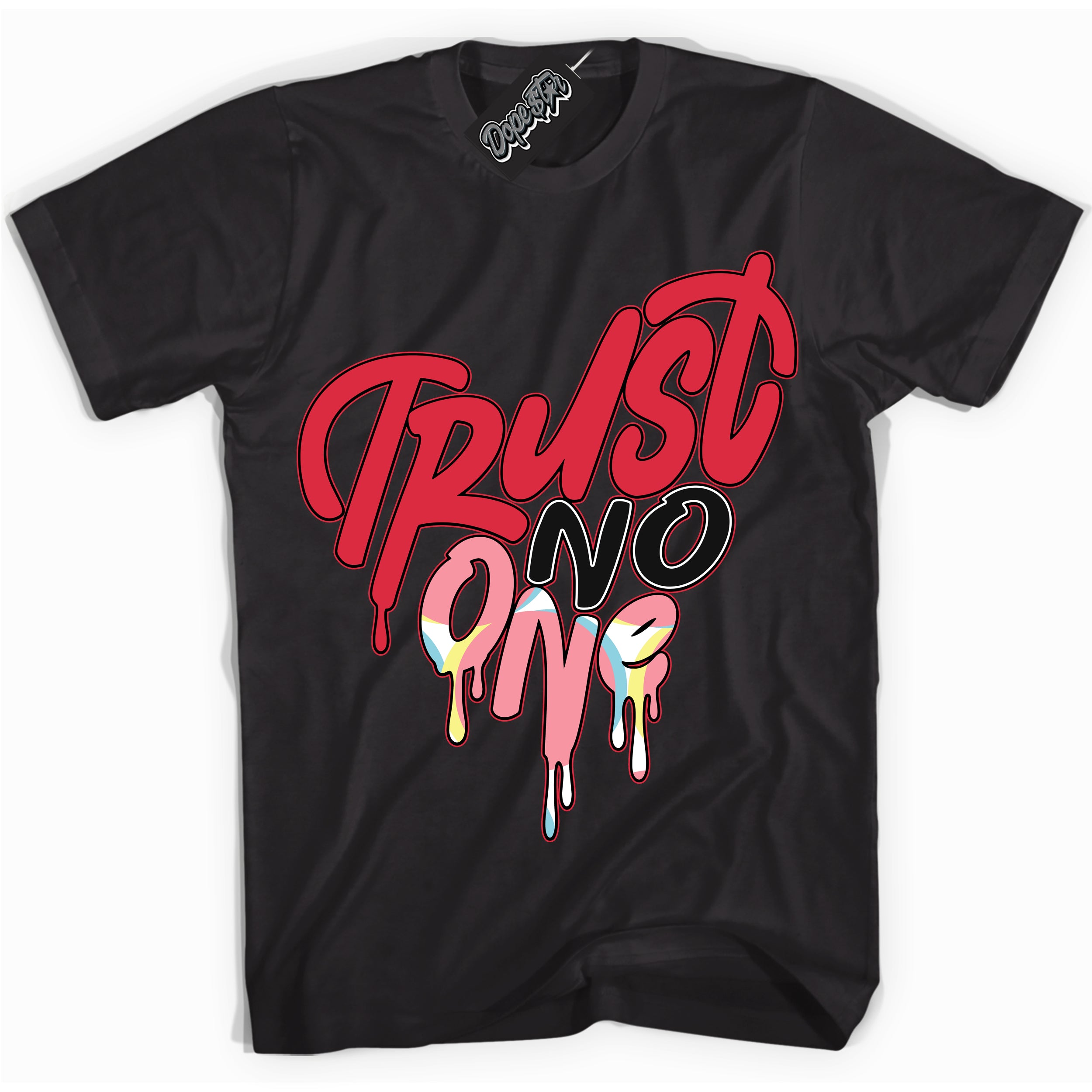 Cool Black graphic tee with “ Trust No One Heart ” design, that perfectly matches Spider-Verse 1s sneakers 