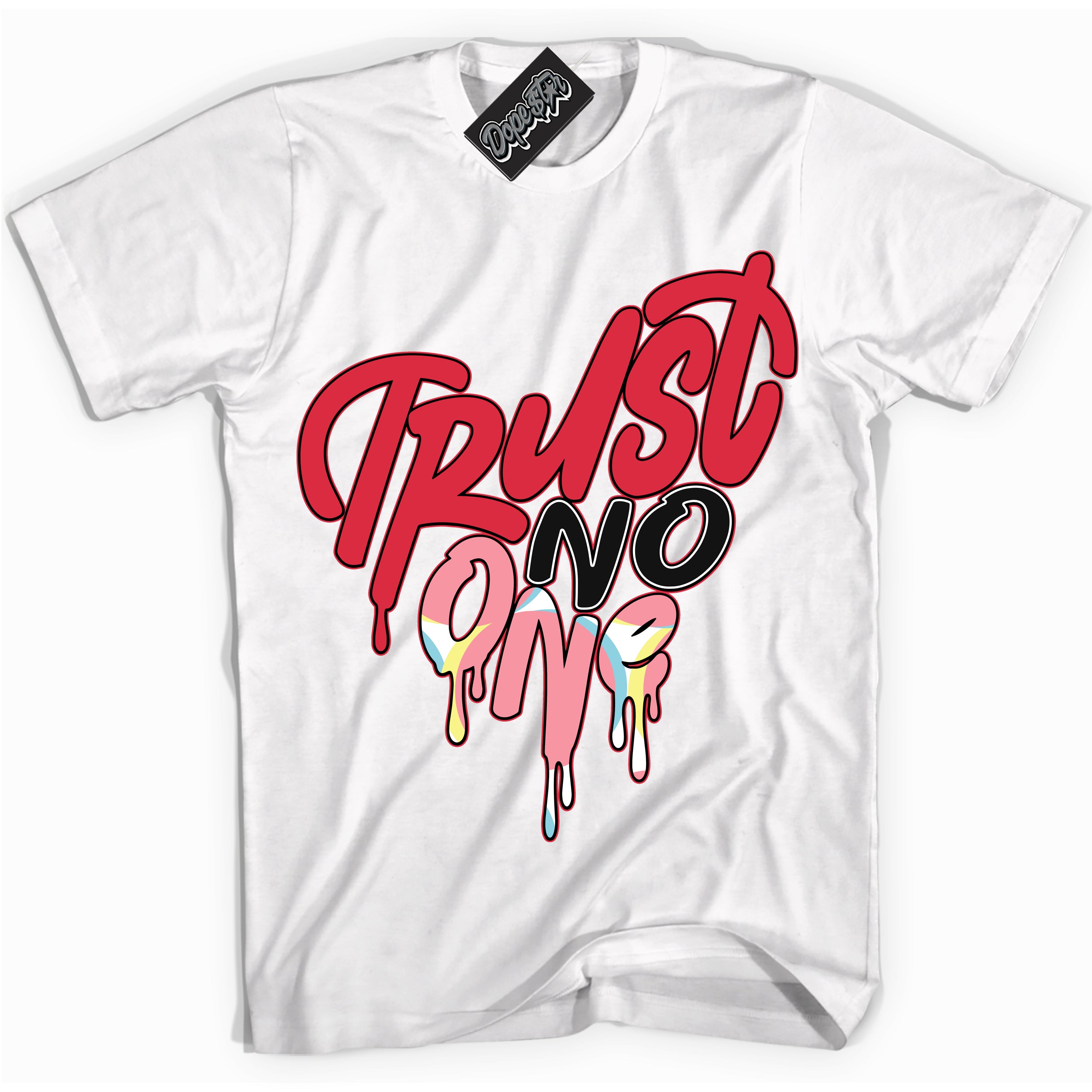 Cool White graphic tee with “ Trust No One Heart ” design, that perfectly matches Spider-Verse 1s sneakers 